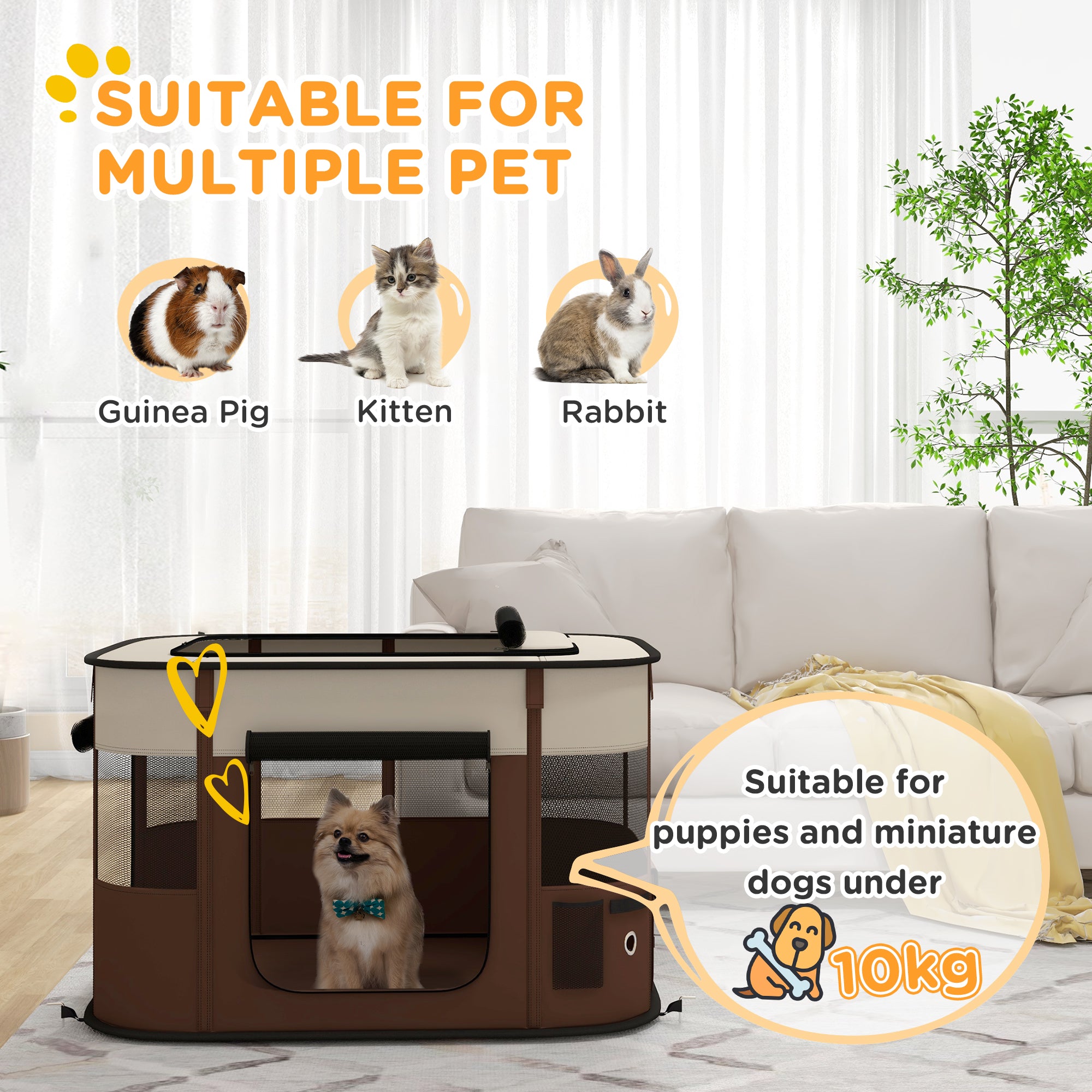 PawHut Dog Pen, Pet Playpen, Portable Foldable Dog Cat Playpen Soft Dog Cage with Storage Bag for Puppies, Rabbits, Kittens, Guinea Pigs, 94 x 74 x 60cm - Brown