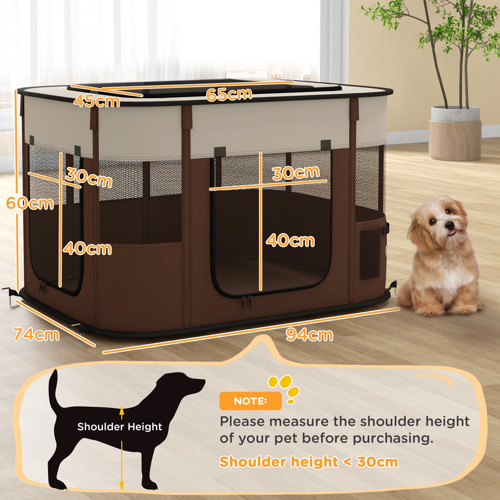 PawHut Dog Pen, Pet Playpen, Portable Foldable Dog Cat Playpen Soft Dog Cage with Storage Bag for Puppies, Rabbits, Kittens, Guinea Pigs, 94 x 74 x 60cm - Brown