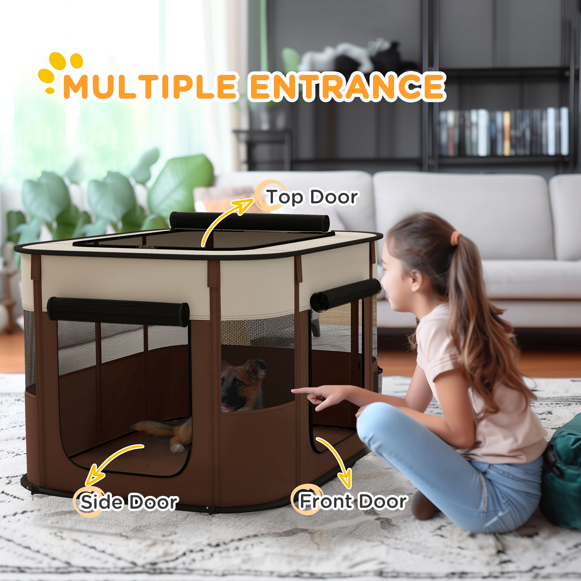 PawHut Dog Pen, Pet Playpen, Portable Foldable Dog Cat Playpen Soft Dog Cage with Storage Bag for Puppies, Rabbits, Kittens, Guinea Pigs, 94 x 74 x 60cm - Brown