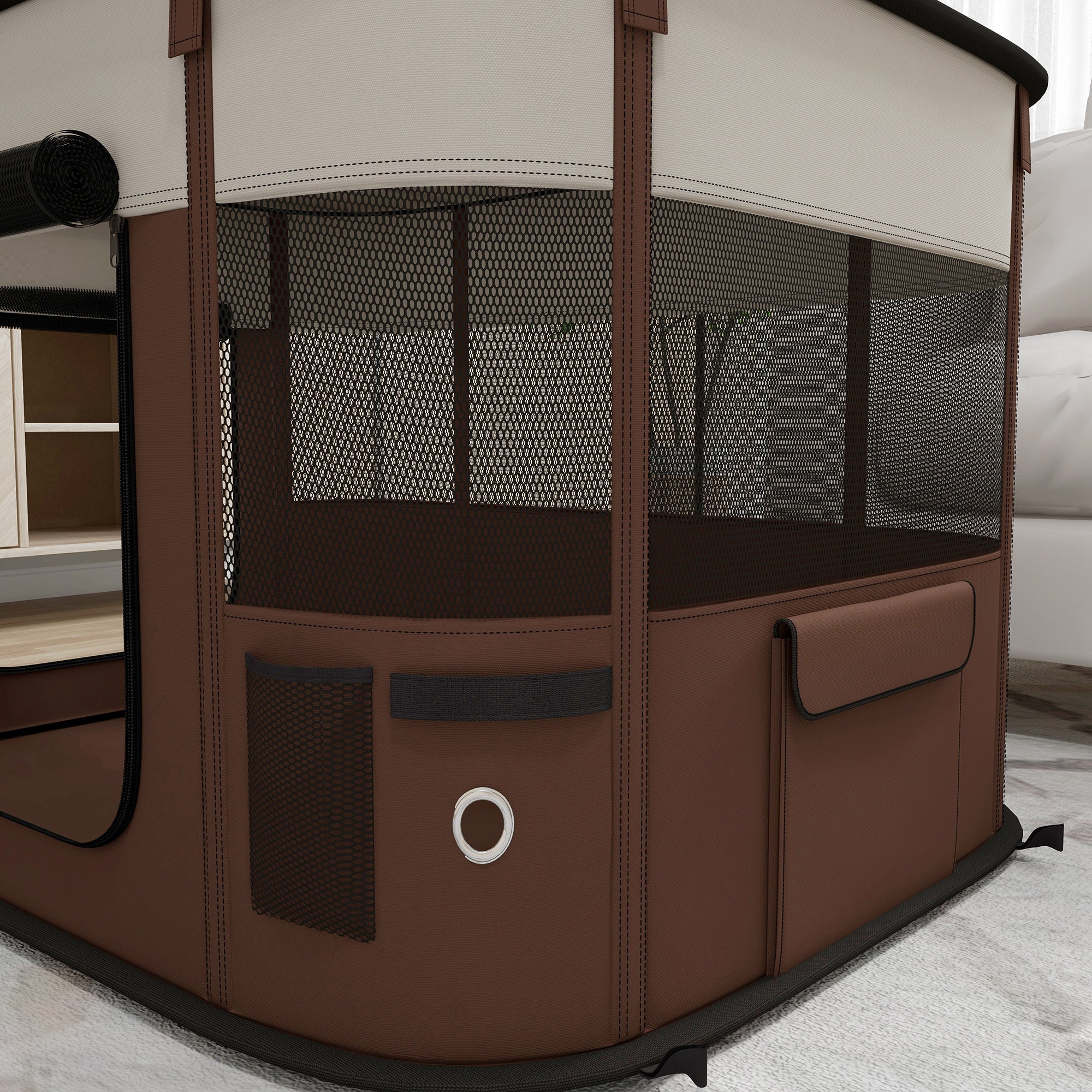 PawHut Dog Pen, Pet Playpen, Portable Foldable Dog Cat Playpen Soft Dog Cage with Storage Bag for Puppies, Rabbits, Kittens, Guinea Pigs, 94 x 74 x 60cm - Brown