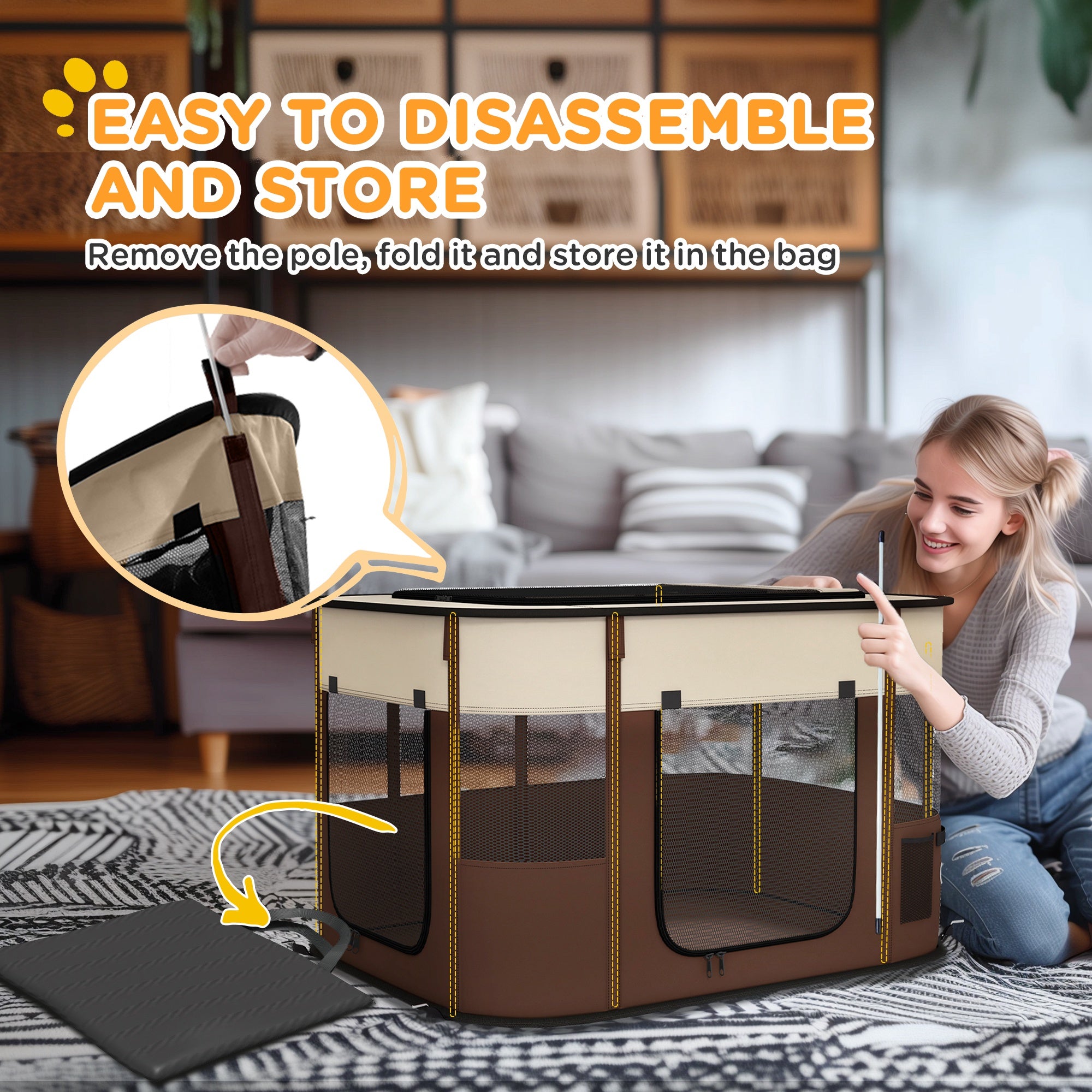 PawHut Dog Pen, Pet Playpen, Portable Foldable Dog Cat Playpen Soft Dog Cage with Storage Bag for Puppies, Rabbits, Kittens, Guinea Pigs, 94 x 74 x 60cm - Brown