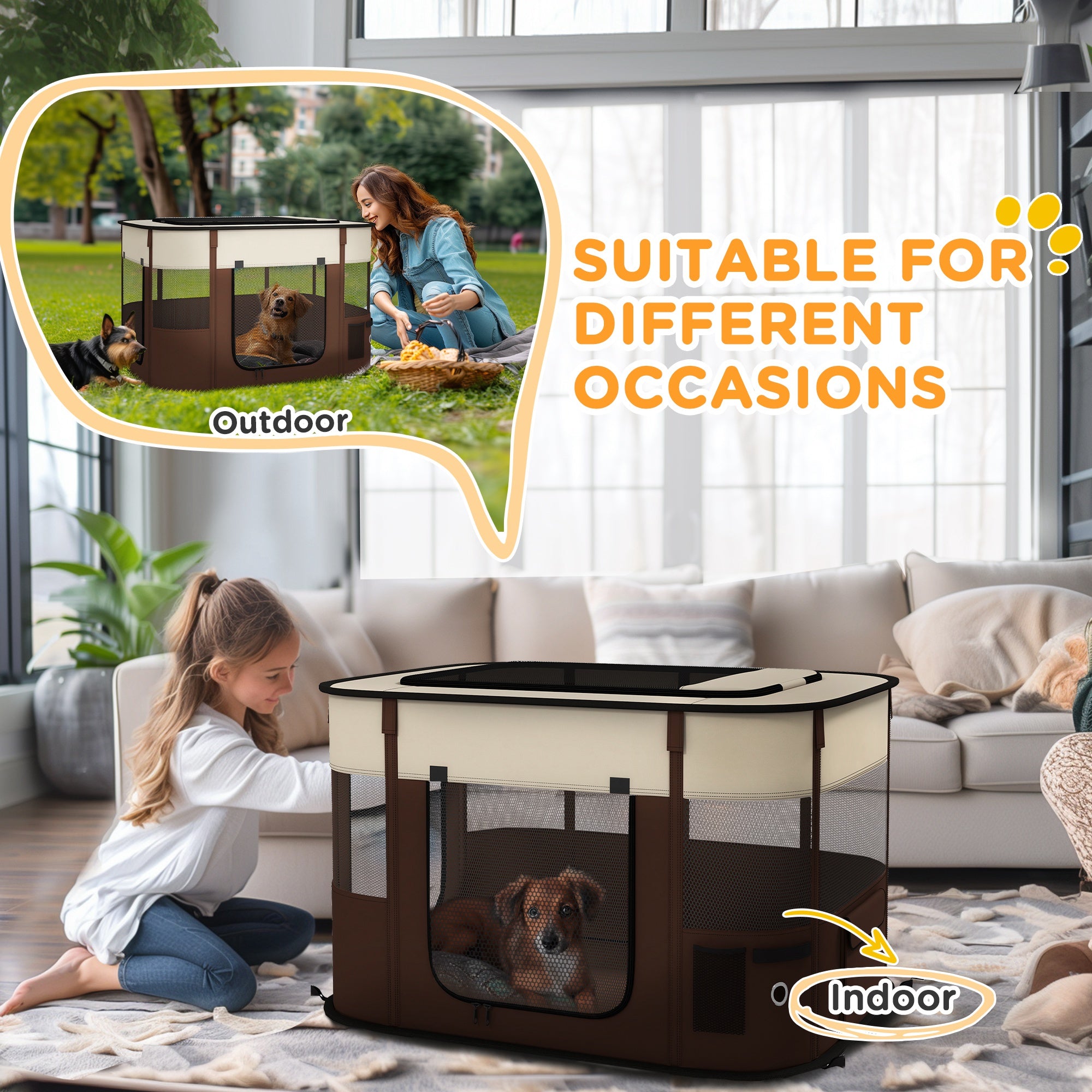 PawHut Dog Pen, Pet Playpen, Portable Foldable Dog Cat Playpen Soft Dog Cage with Storage Bag for Puppies, Rabbits, Kittens, Guinea Pigs, 94 x 74 x 60cm - Brown