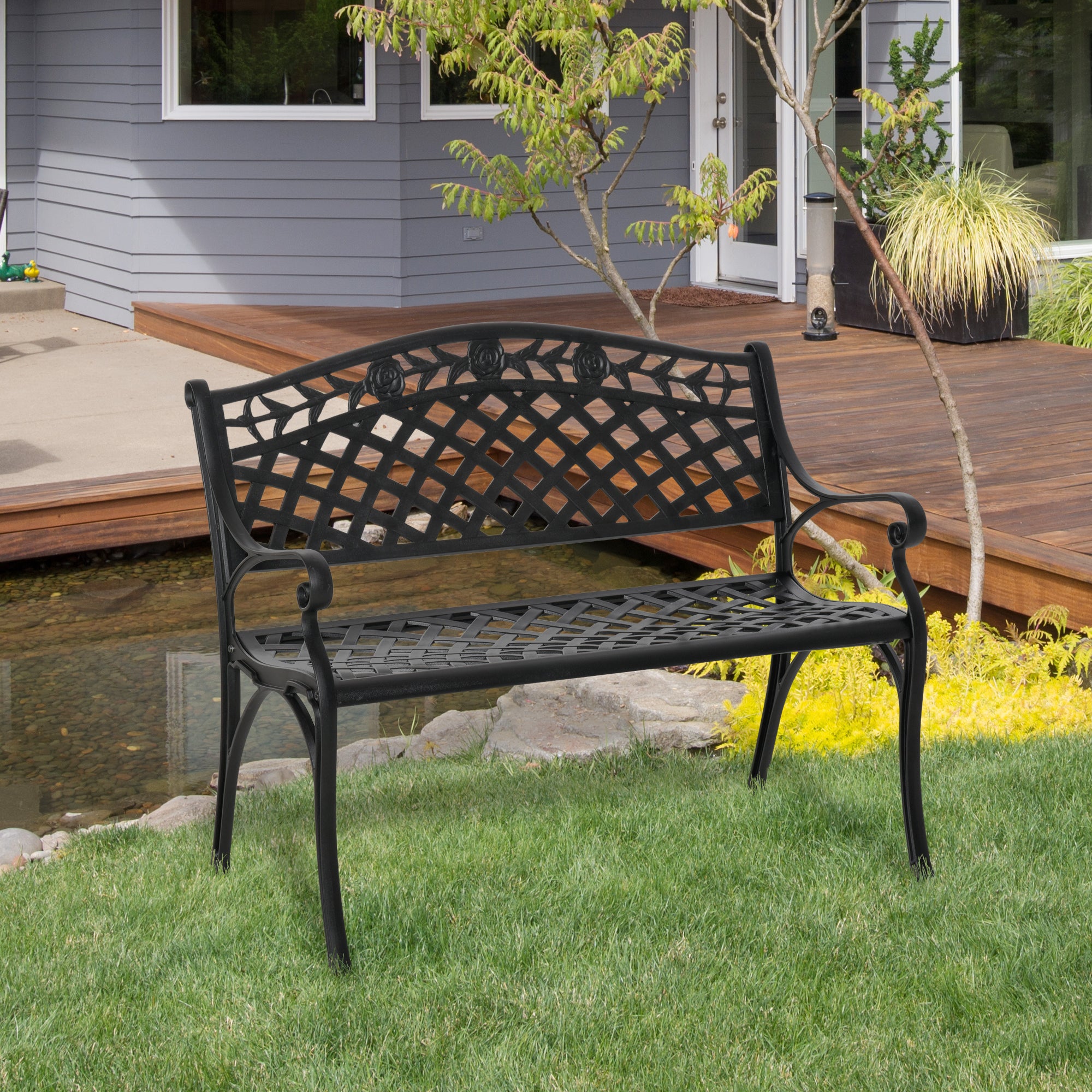 Outsunny 2-seater Aluminum Garden Bench Outdoor Loveseat Chair for Outdoor, Patio, Yard, Lawn with Floral Pattern