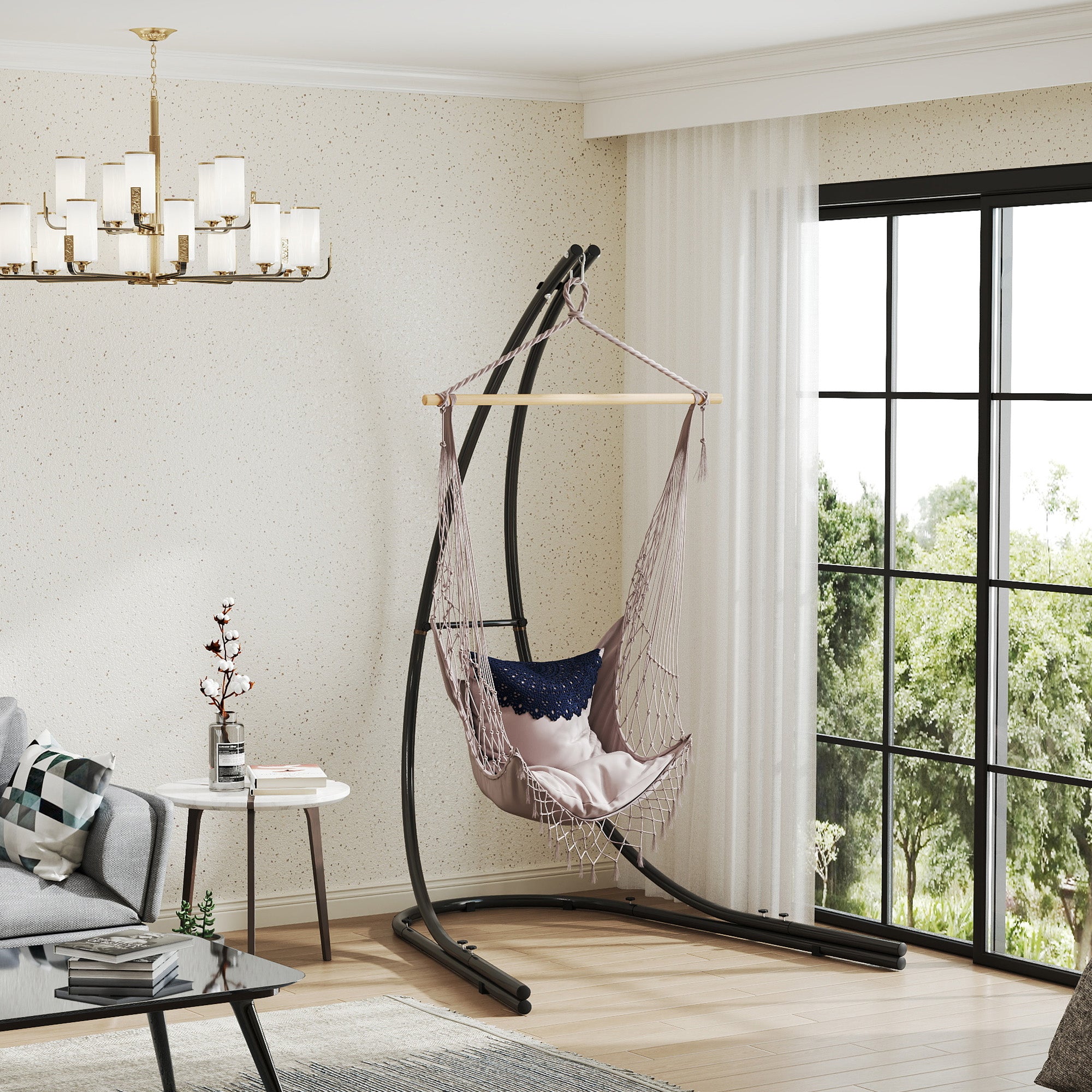 Outsunny Hammock Chair Stand, Heavy Duty Steel Hammock Stand Only with Extra Large Base, Single Hanging Egg Chair Swing Frame for Indoor Outdoor, 330 LBS Capacity, Black