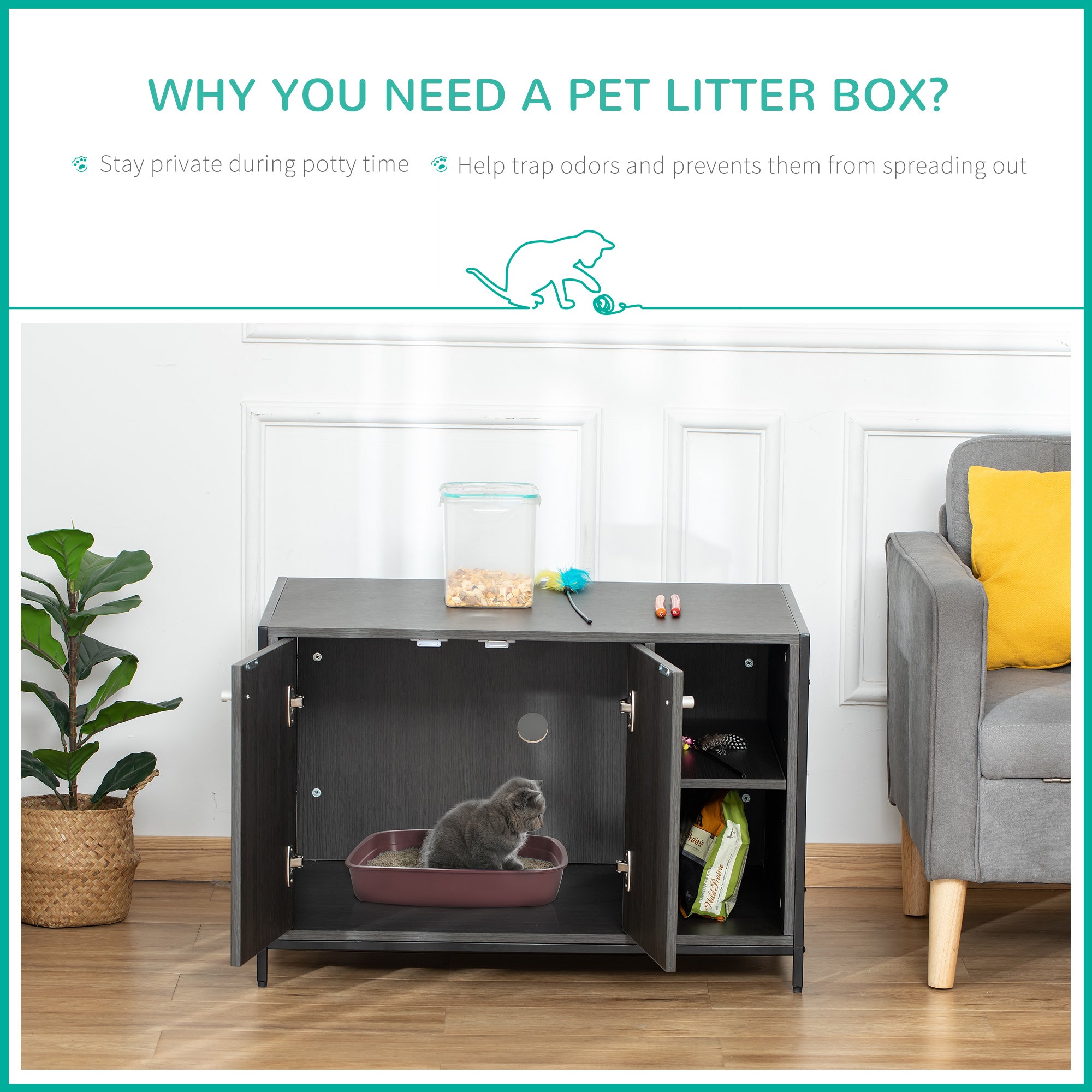 PawHut Cat Litter Box Enclosure Hidden Cat Furniture Cabinet Indoor Cat Washroom Double-door Nightstand End Table with Damping Hinge Multiple Storage Place Adjustable Partition Black