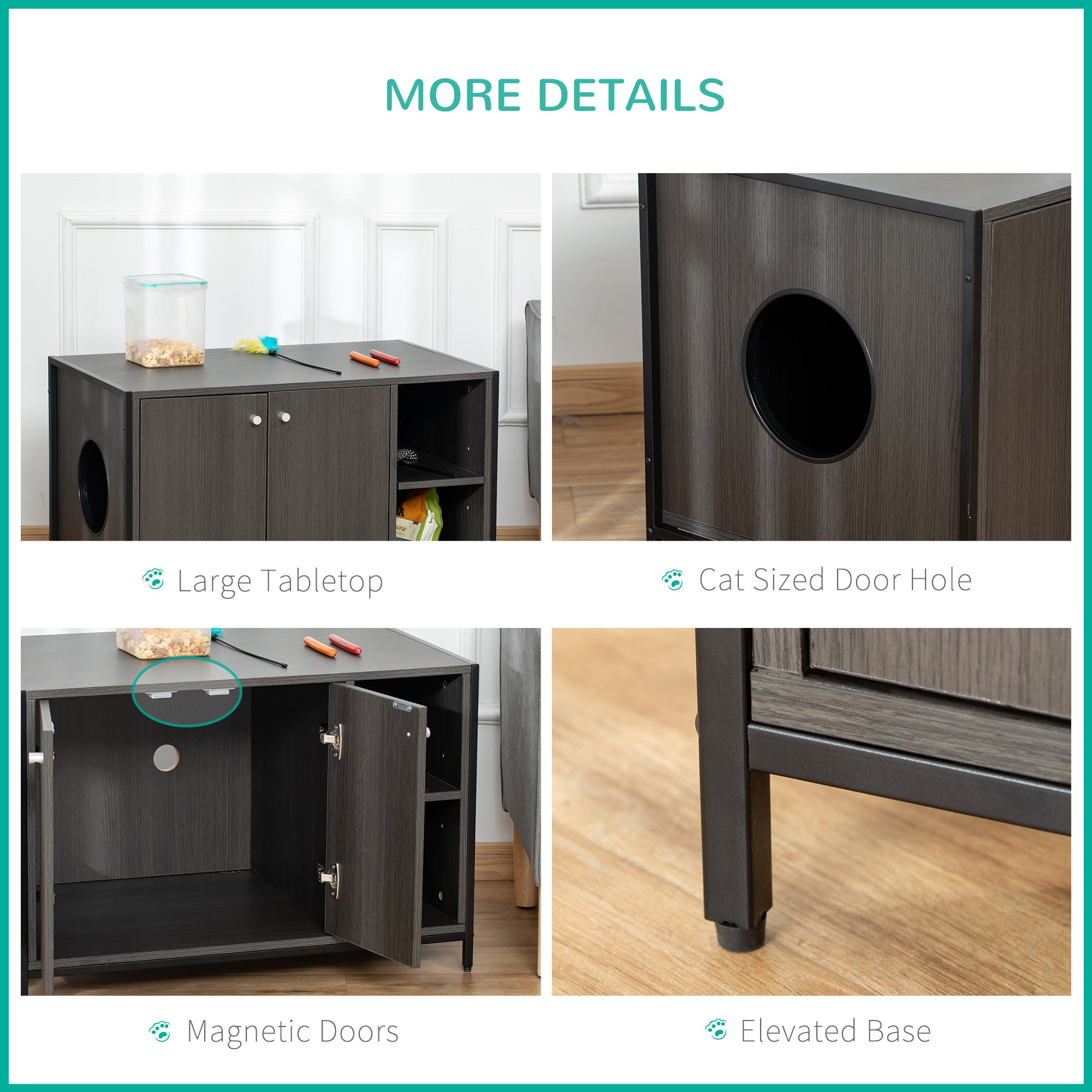 PawHut Cat Litter Box Enclosure Hidden Cat Furniture Cabinet Indoor Cat Washroom Double-door Nightstand End Table with Damping Hinge Multiple Storage Place Adjustable Partition Black
