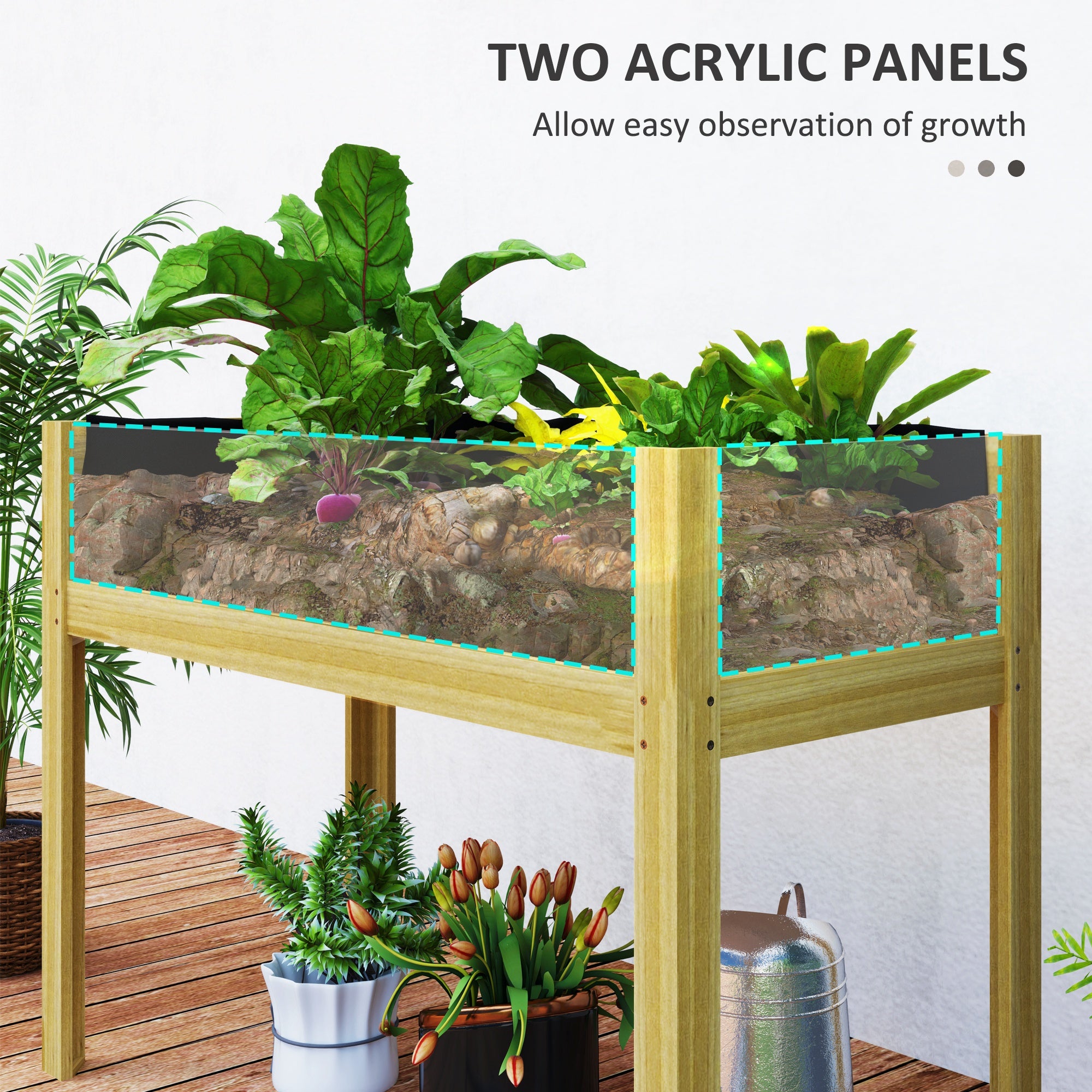 Outsunny Wooden Raised Garden Bed Planter with Acrylic Panels, Elevated Planter Box Outdoor Raised Planter with Drainage Holes for Vegetables Flowers Herbs, 43.3" x 19.7" x 31.5"