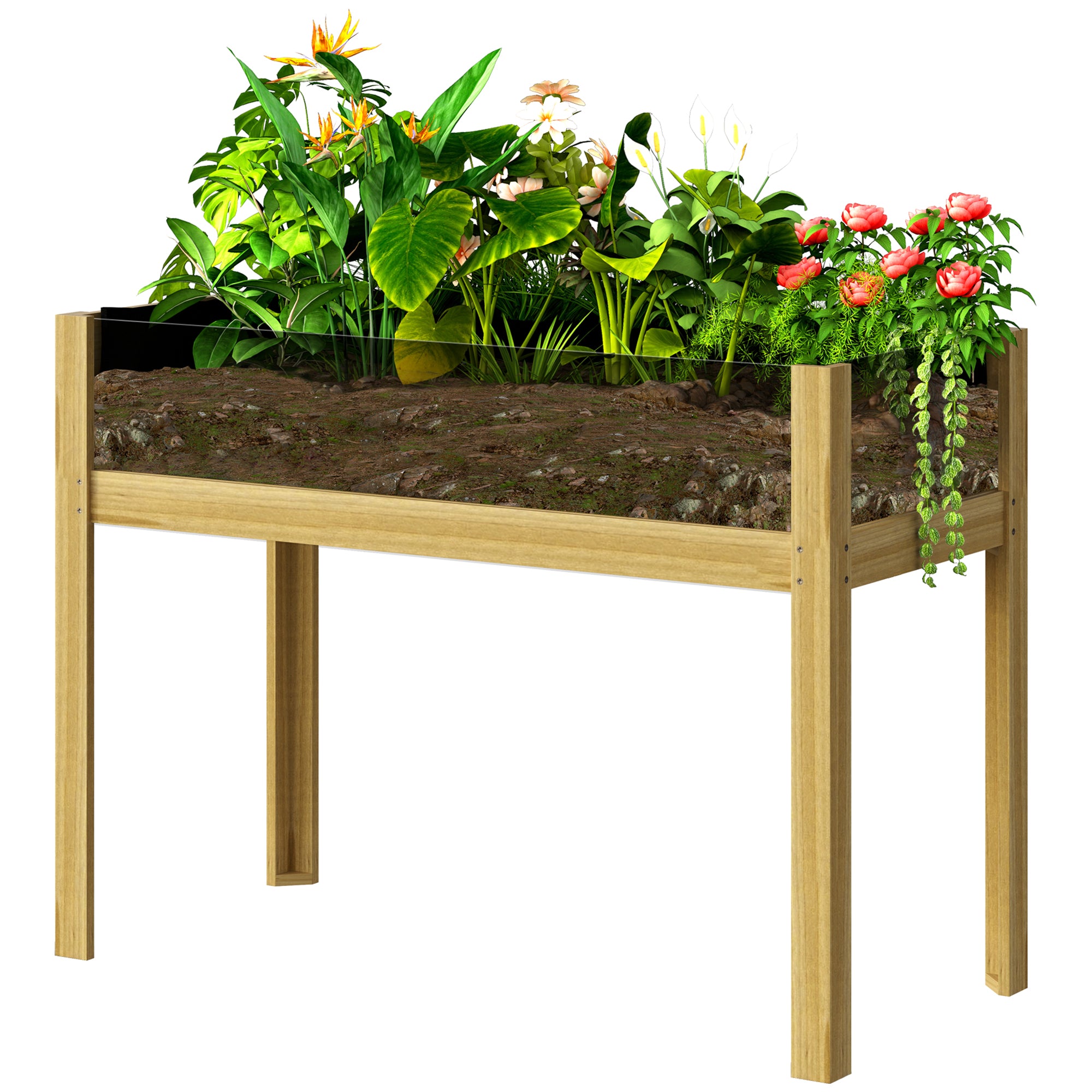 Outsunny Wooden Raised Garden Bed Planter with Acrylic Panels, Elevated Planter Box Outdoor Raised Planter with Drainage Holes for Vegetables Flowers Herbs, 43.3" x 19.7" x 31.5"