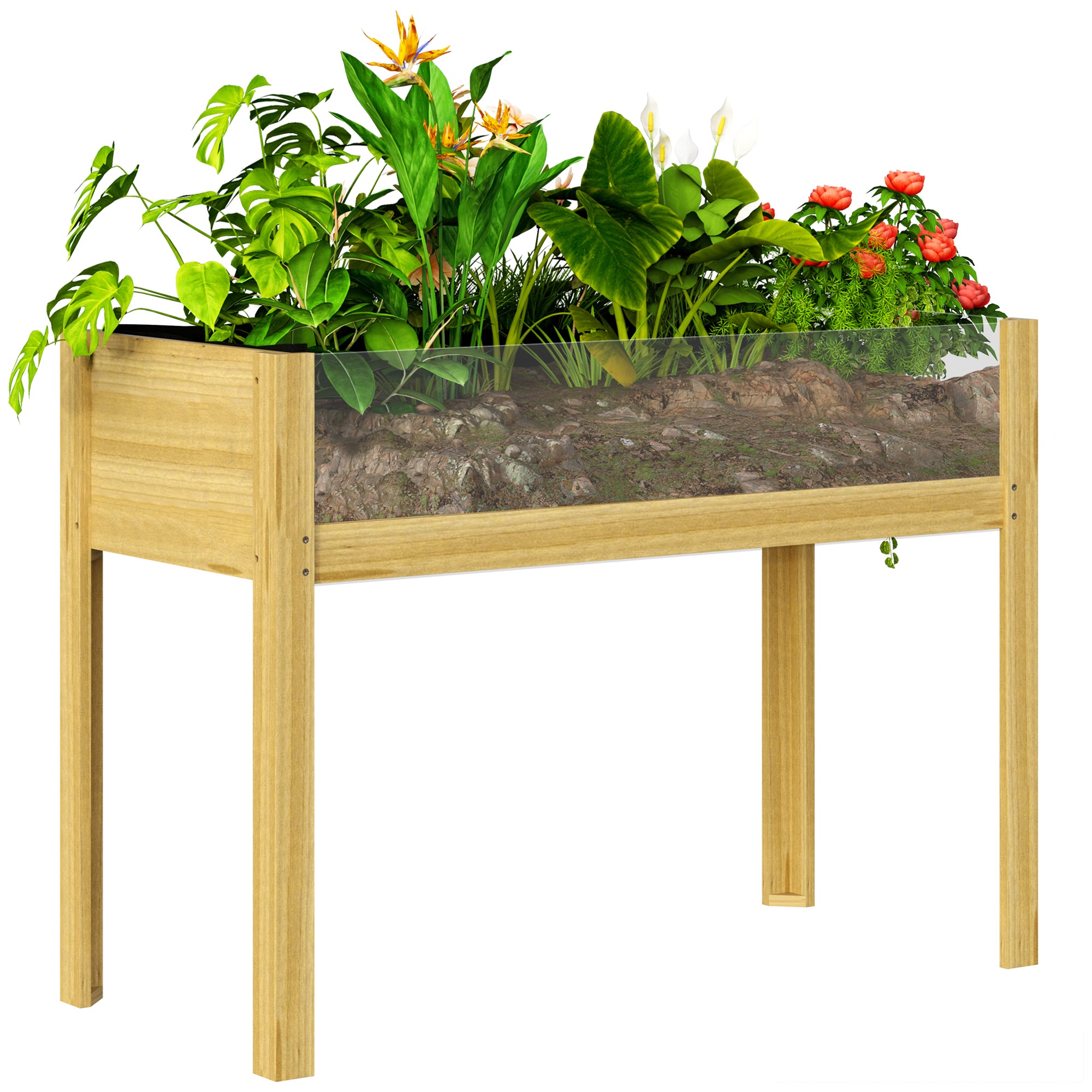 Outsunny Wooden Raised Garden Bed Planter with Acrylic Panels, Elevated Planter Box Outdoor Raised Planter with Drainage Holes for Vegetables Flowers Herbs, 43.3" x 19.7" x 31.5"