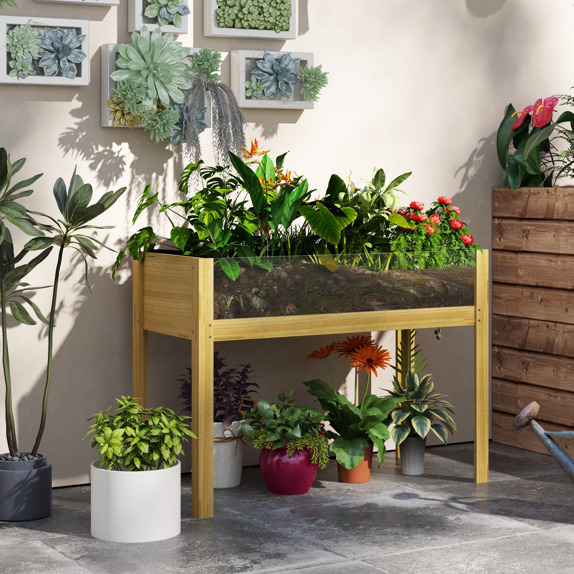 Outsunny Wooden Raised Garden Bed Planter with Acrylic Panels, Elevated Planter Box Outdoor Raised Planter with Drainage Holes for Vegetables Flowers Herbs, 43.3