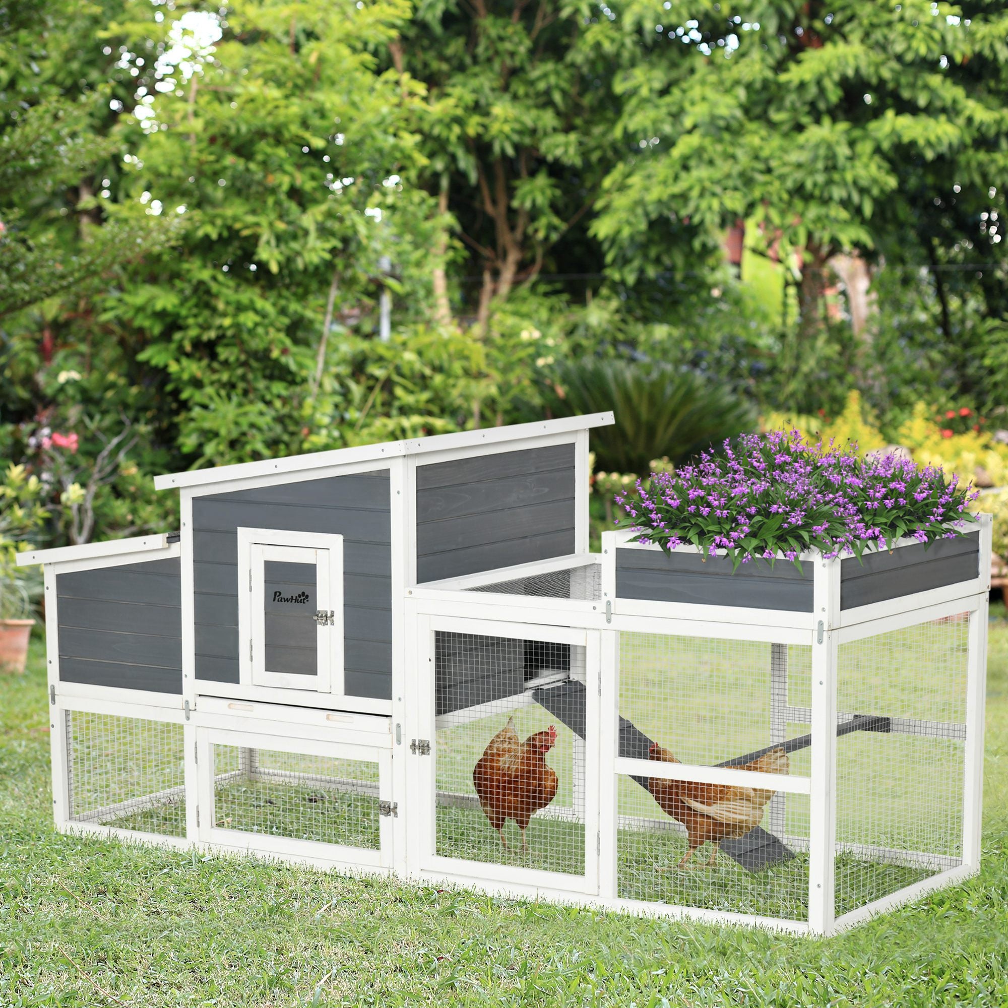 PawHut 76" Wooden Chicken Coop, Outdoor Hen House Poultry Cage with Plant Box, Openable Roof, Outdoor Run, Nesting Box, Removable Tray and Lockable Doors, Grey
