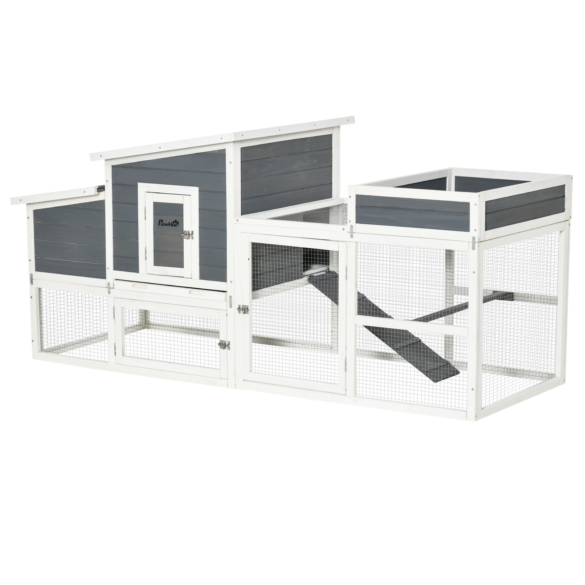 PawHut 76" Wooden Chicken Coop, Outdoor Hen House Poultry Cage with Plant Box, Openable Roof, Outdoor Run, Nesting Box, Removable Tray and Lockable Doors, Grey