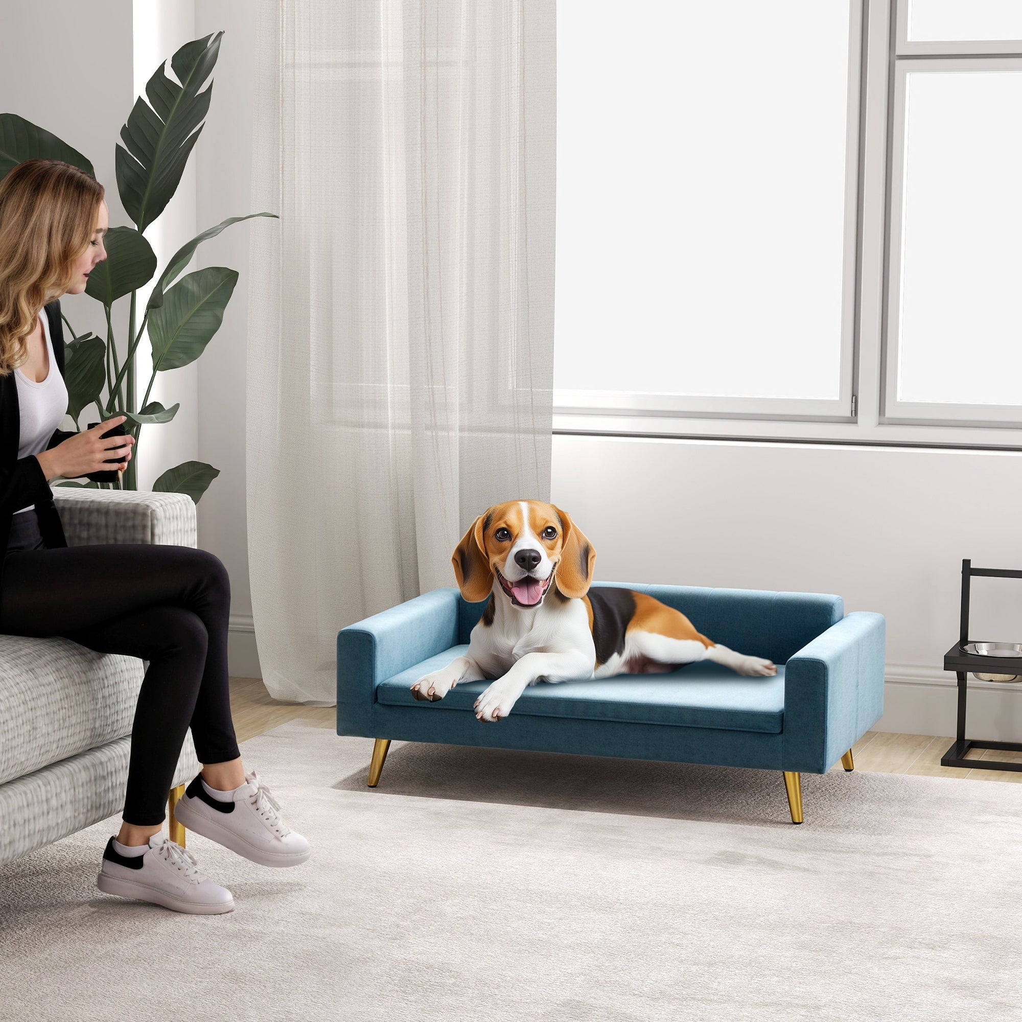 PawHut Dog Sofa, Pet Sofa Bed, Modern Velvety Dog Couch for Small to Medium Dogs, Includes Removable & Washable Cushion, Dark Blue