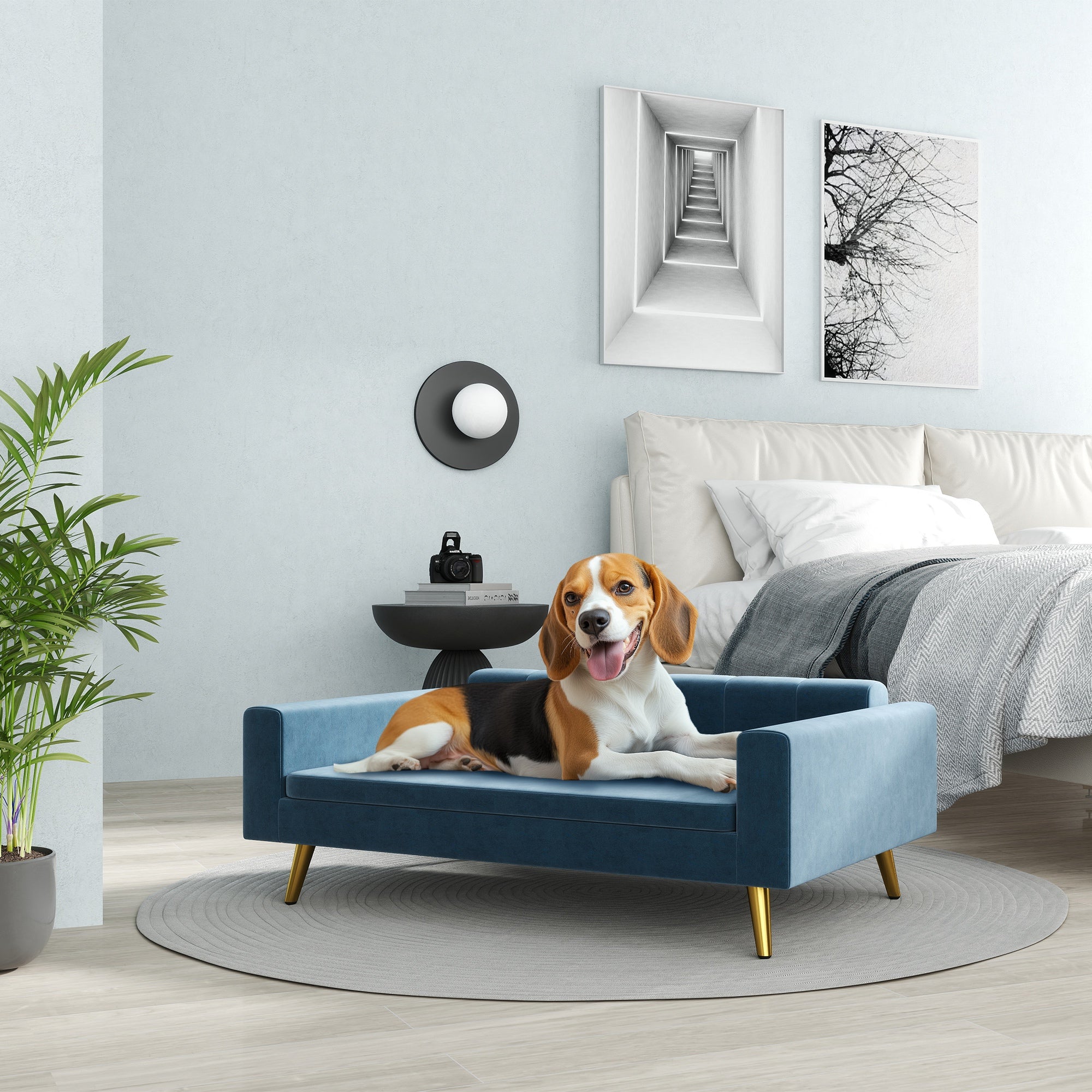 PawHut Dog Sofa, Pet Sofa Bed, Modern Velvety Dog Couch for Small to Medium Dogs, Includes Removable & Washable Cushion, Dark Blue