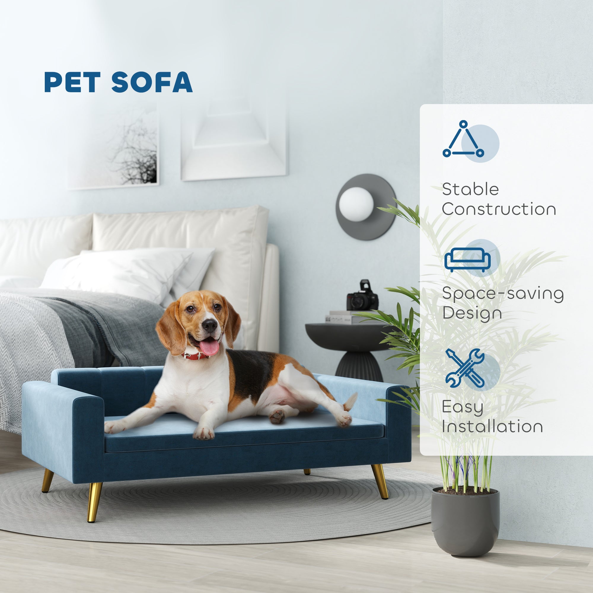 PawHut Dog Sofa, Pet Sofa Bed, Modern Velvety Dog Couch for Small to Medium Dogs, Includes Removable & Washable Cushion, Dark Blue