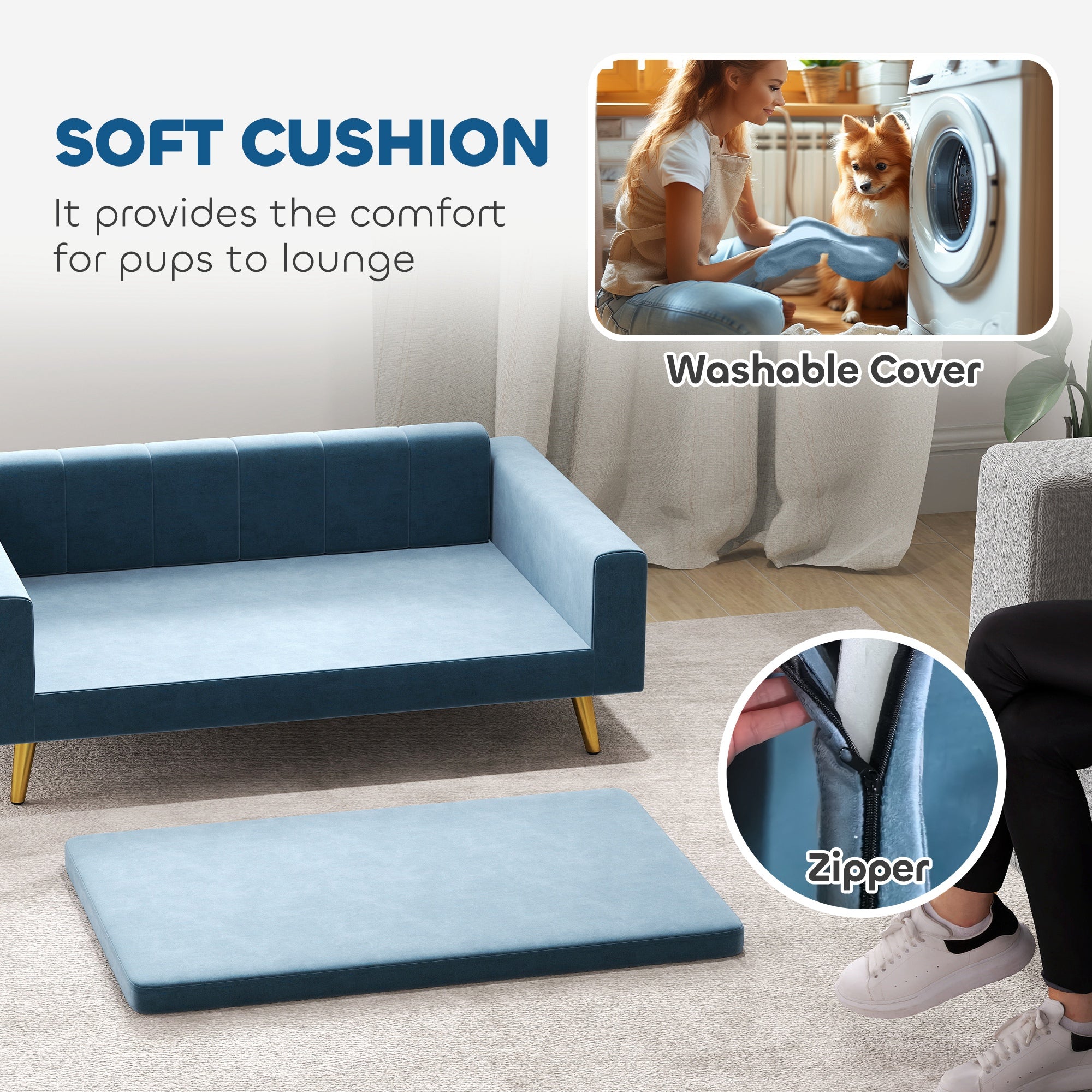 PawHut Dog Sofa, Pet Sofa Bed, Modern Velvety Dog Couch for Small to Medium Dogs, Includes Removable & Washable Cushion, Dark Blue