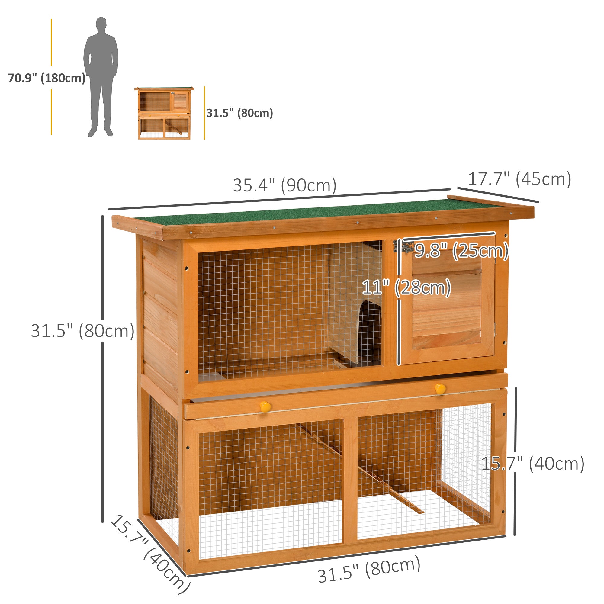 PawHut Wooden Rabbit Hutch Small Animal House Cage 2-Level w/ Run Backyard