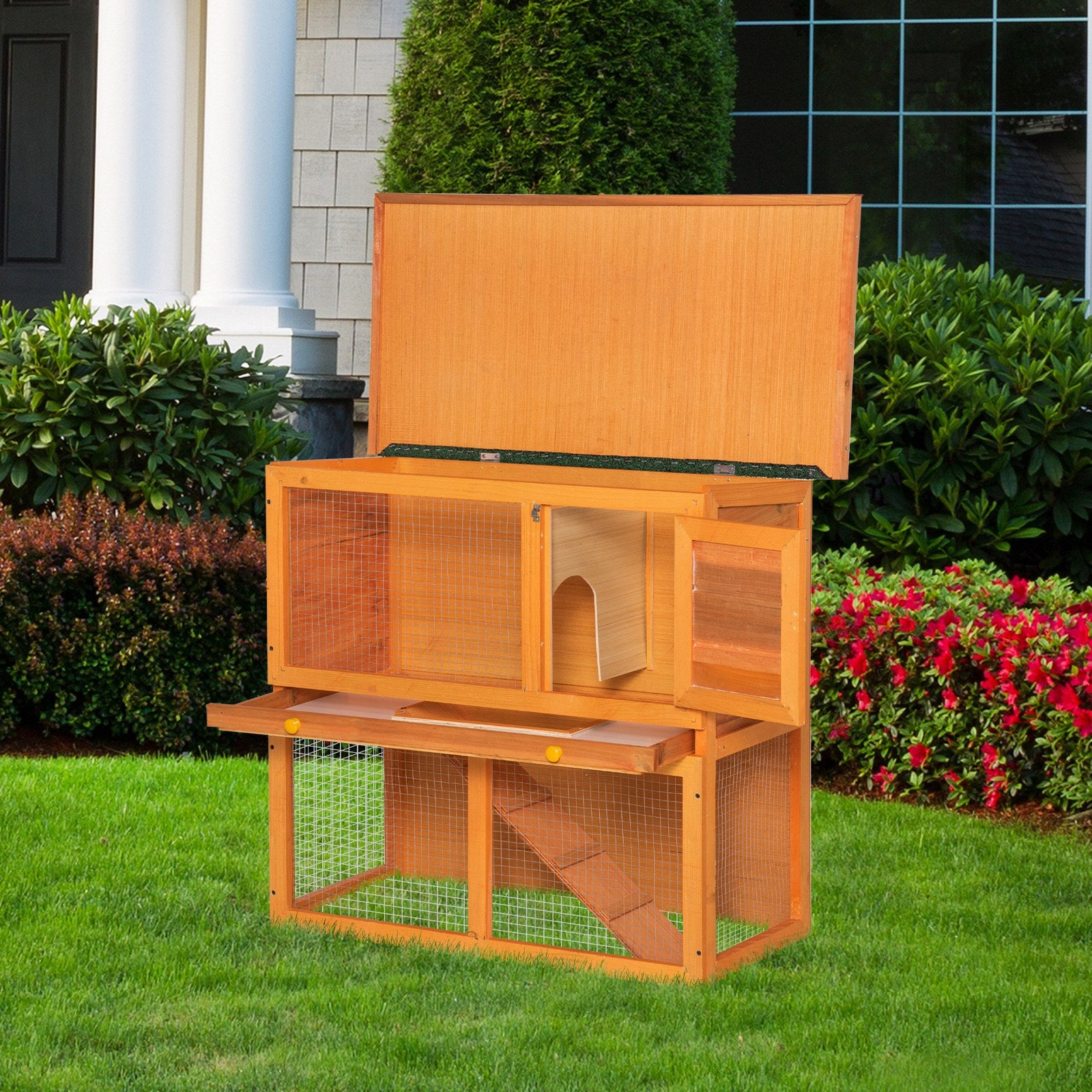 PawHut Wooden Rabbit Hutch Small Animal House Cage 2-Level w/ Run Backyard