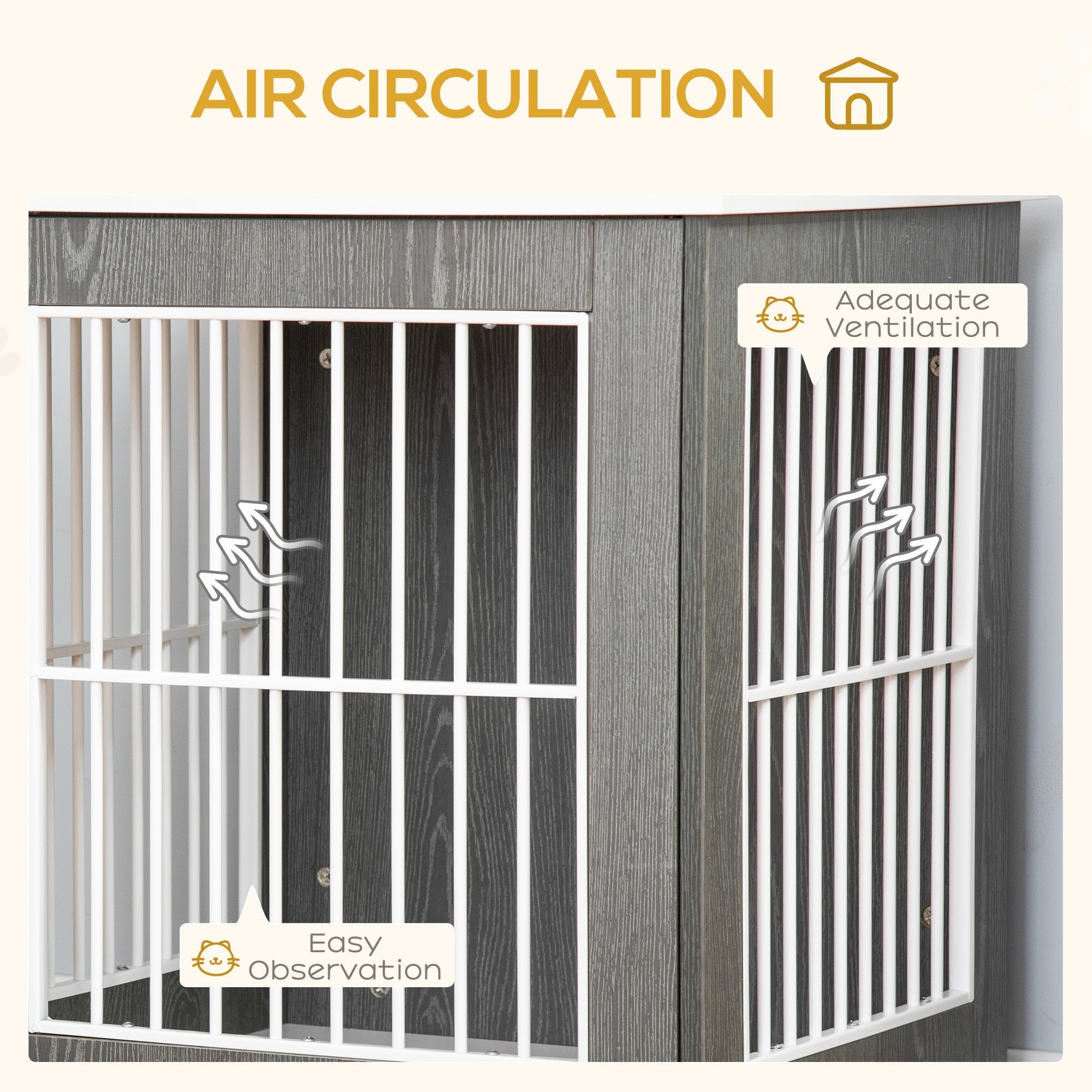 PawHut Dog Crate, Pet Cage Kennel, End Table Furniture Style, Indoor Decorative Dog House, with Wooden Top, Adjustable Feet, for Small Dogs, Grey