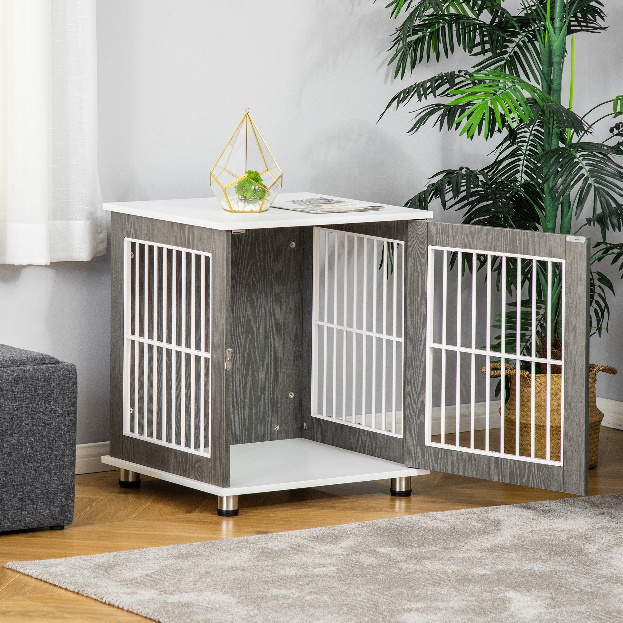 PawHut Dog Crate, Pet Cage Kennel, End Table Furniture Style, Indoor Decorative Dog House, with Wooden Top, Adjustable Feet, for Small Dogs, Grey