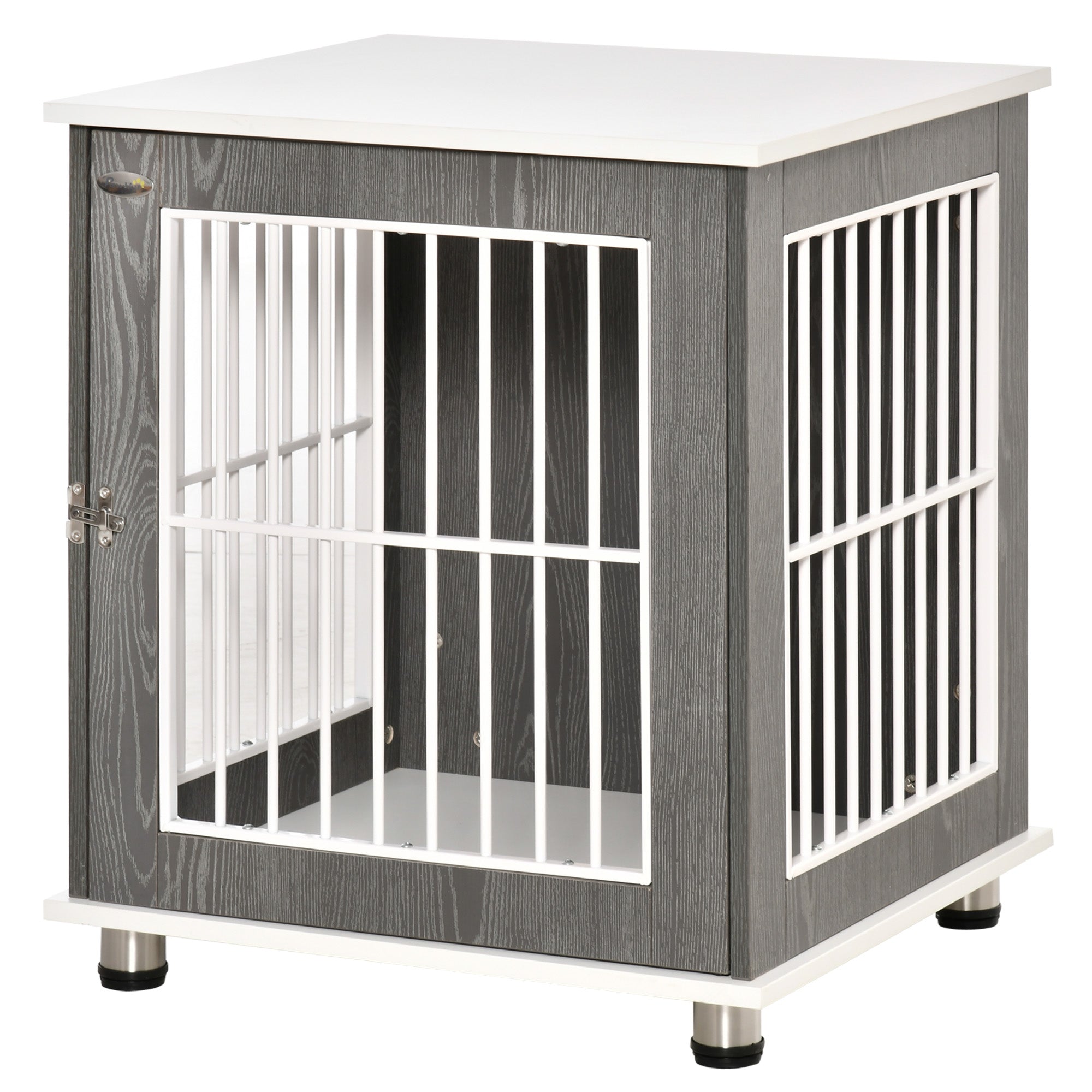 PawHut Dog Crate, Pet Cage Kennel, End Table Furniture Style, Indoor Decorative Dog House, with Wooden Top, Adjustable Feet, for Small Dogs, Grey