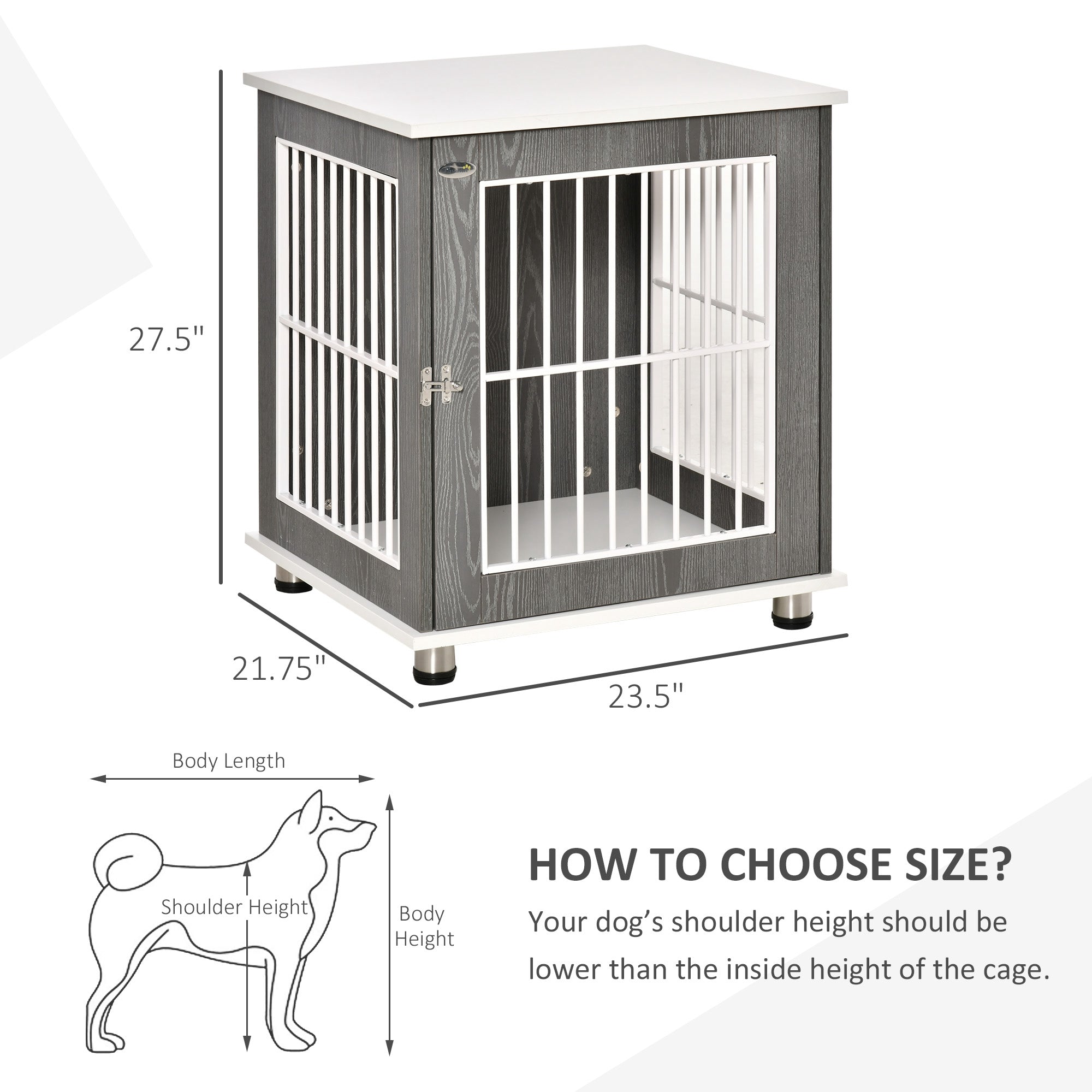 PawHut Dog Crate, Pet Cage Kennel, End Table Furniture Style, Indoor Decorative Dog House, with Wooden Top, Adjustable Feet, for Small Dogs, Grey