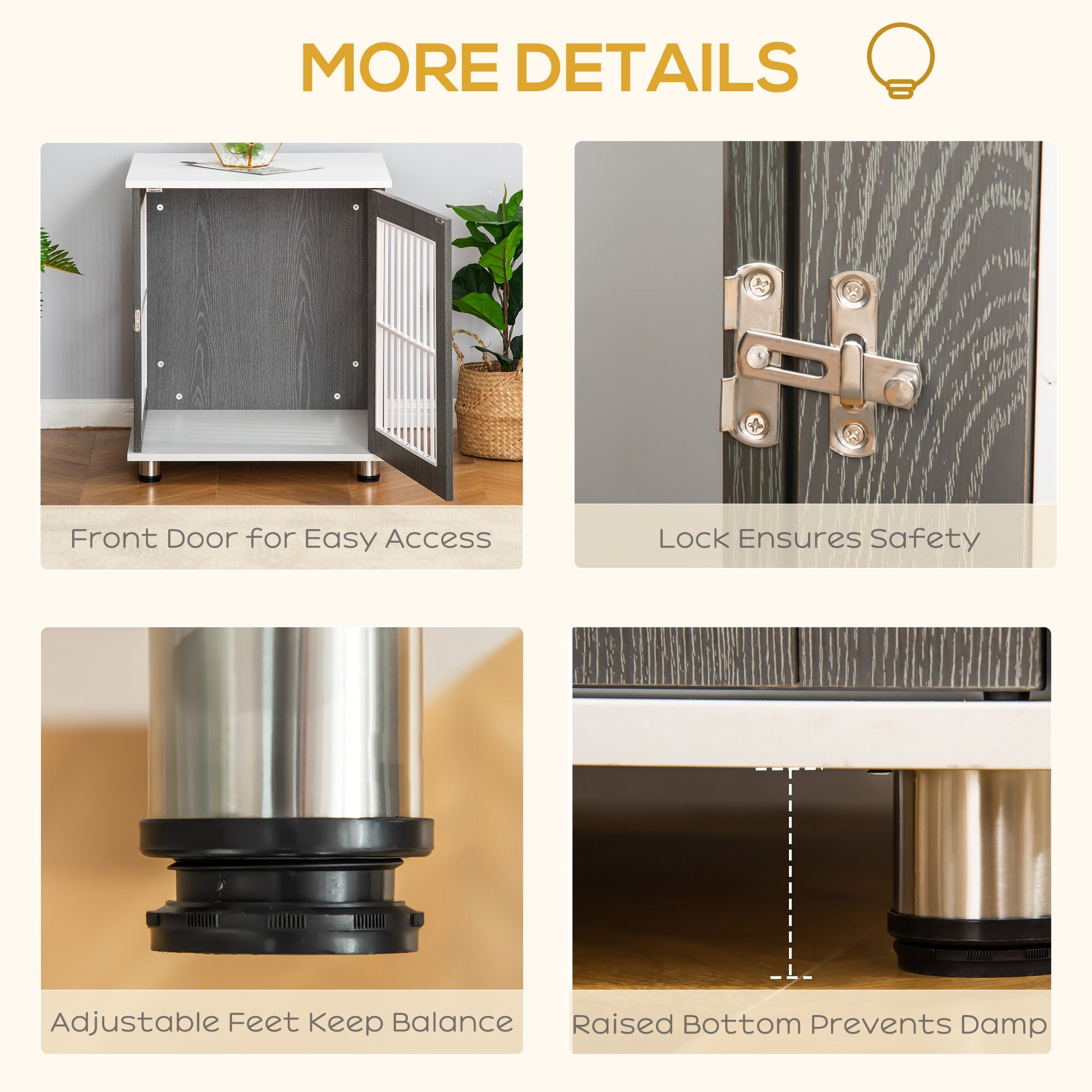 PawHut Dog Crate, Pet Cage Kennel, End Table Furniture Style, Indoor Decorative Dog House, with Wooden Top, Adjustable Feet, for Small Dogs, Grey