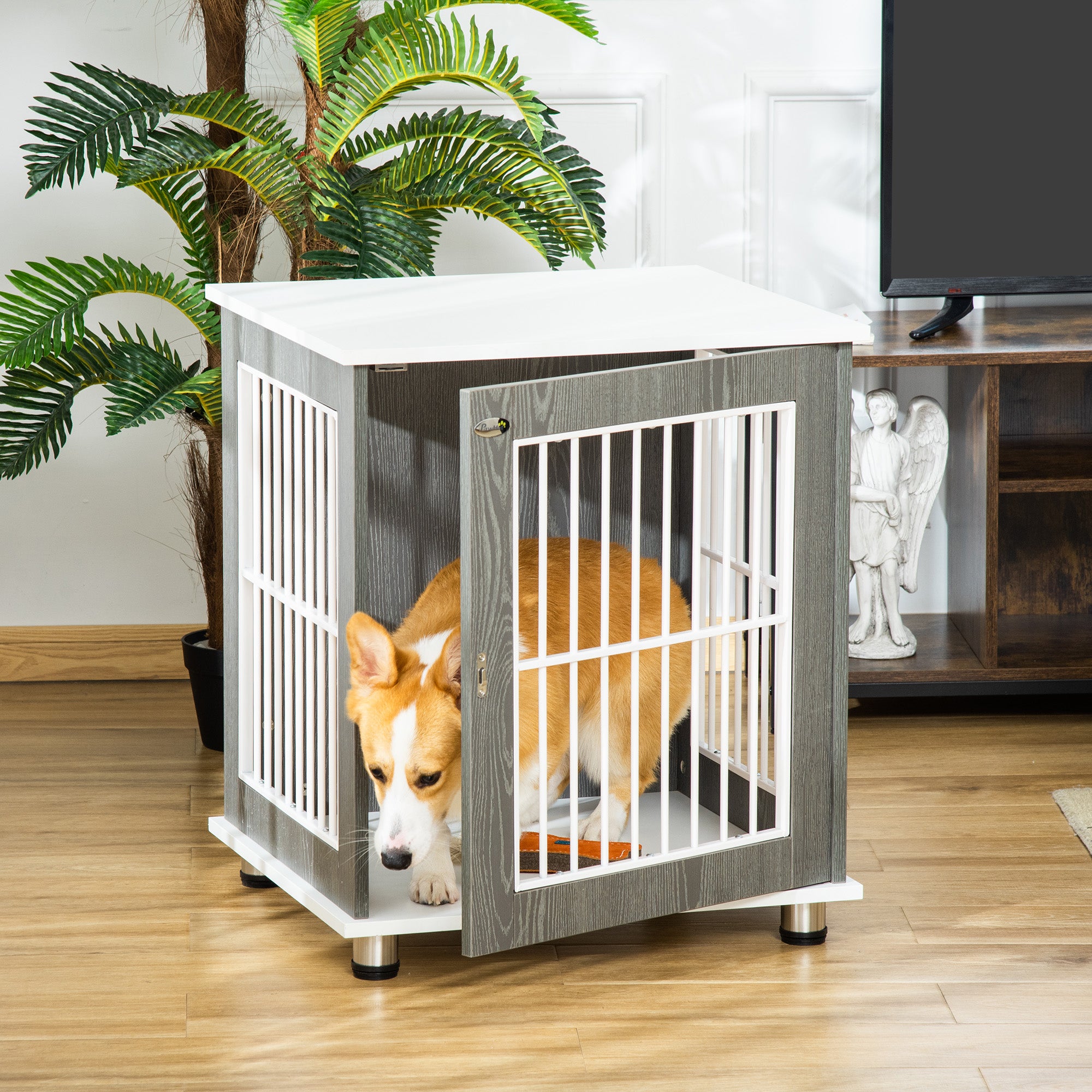 PawHut Dog Crate, Pet Cage Kennel, End Table Furniture Style, Indoor Decorative Dog House, with Wooden Top, Adjustable Feet, for Small Dogs, Grey