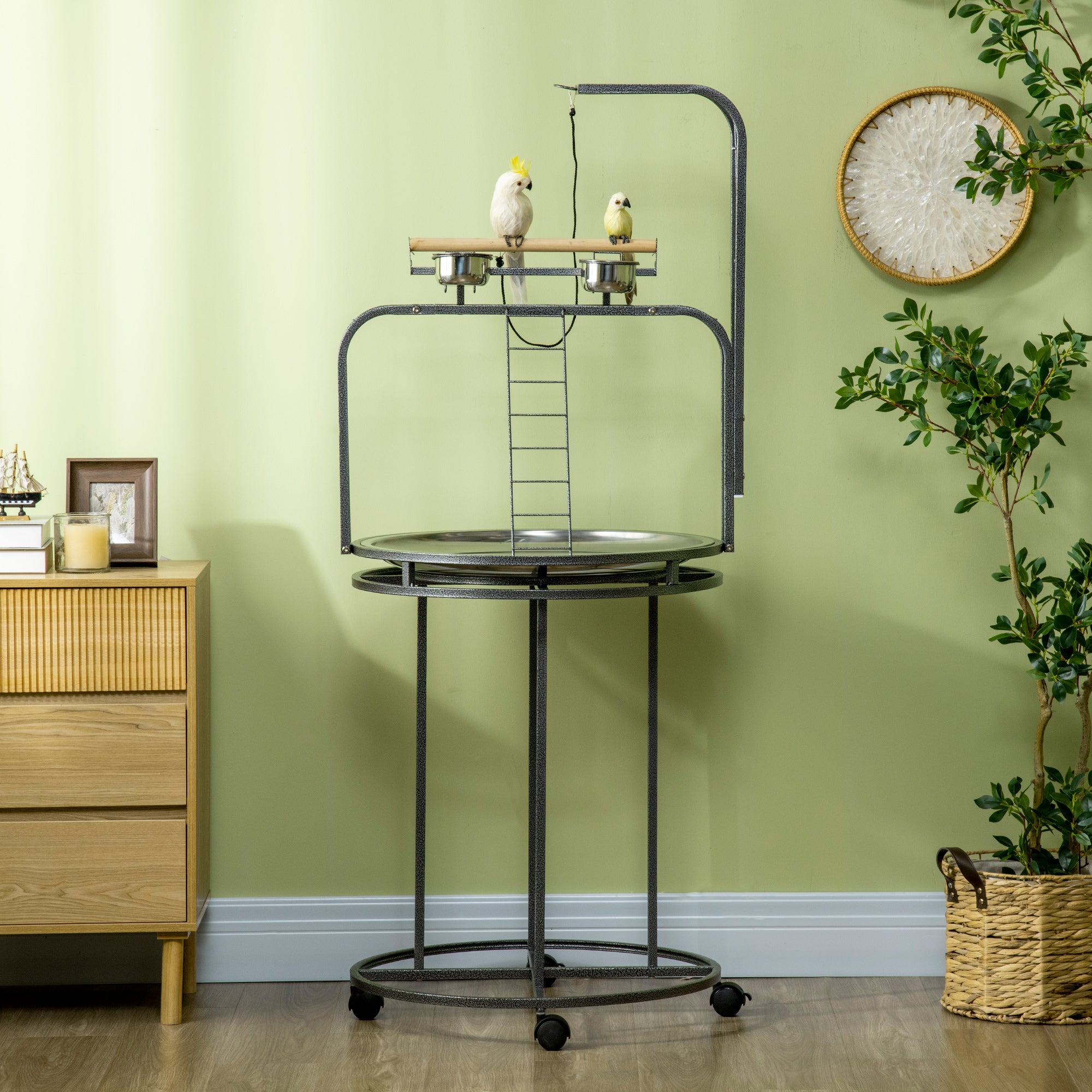 PawHut Parrot Stand Large Bird Perch Stand with Toy Hook & 3 Ladders, Parrot Perch with Easy Grip, Bird Wooden Stand, Gray