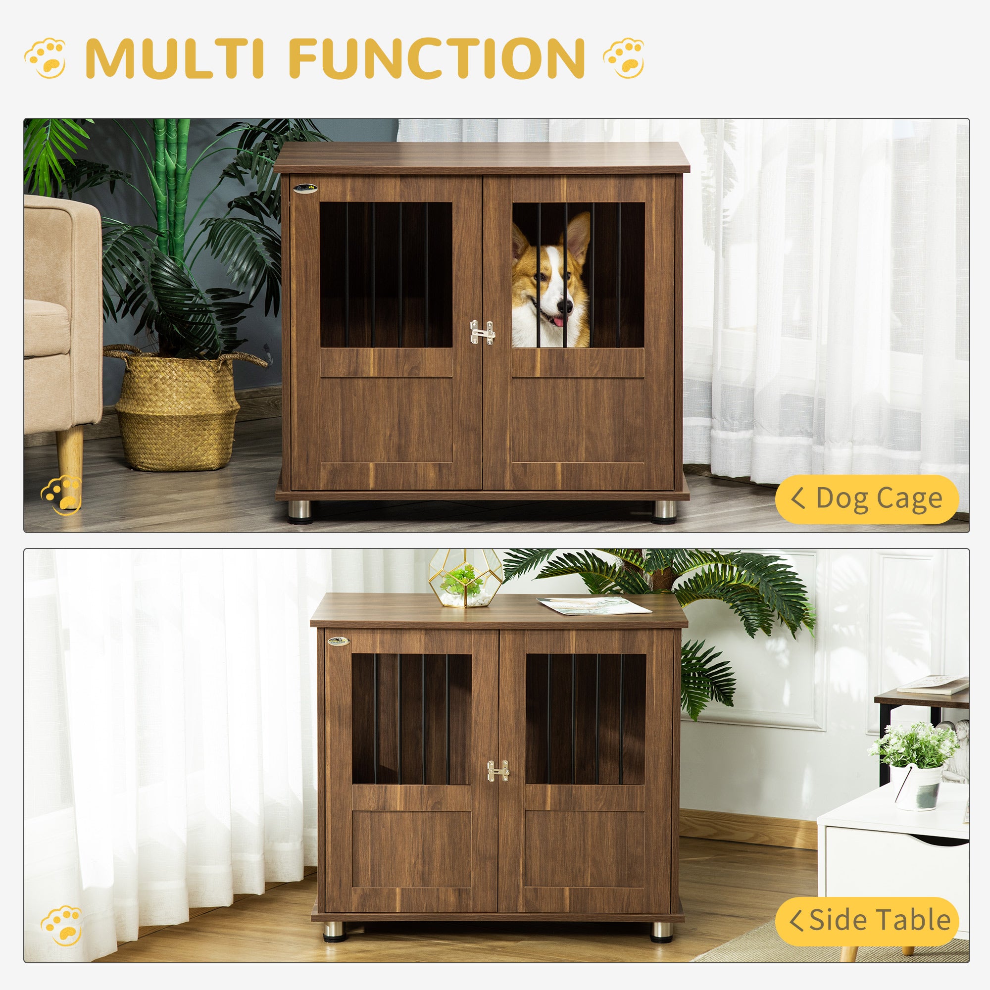 PawHut Dog Crate Furniture, Wooden End Table Furniture with Lockable Magnetic Doors, Small & Medium Size Pet Kennel Indoor Animal Cage, Brown