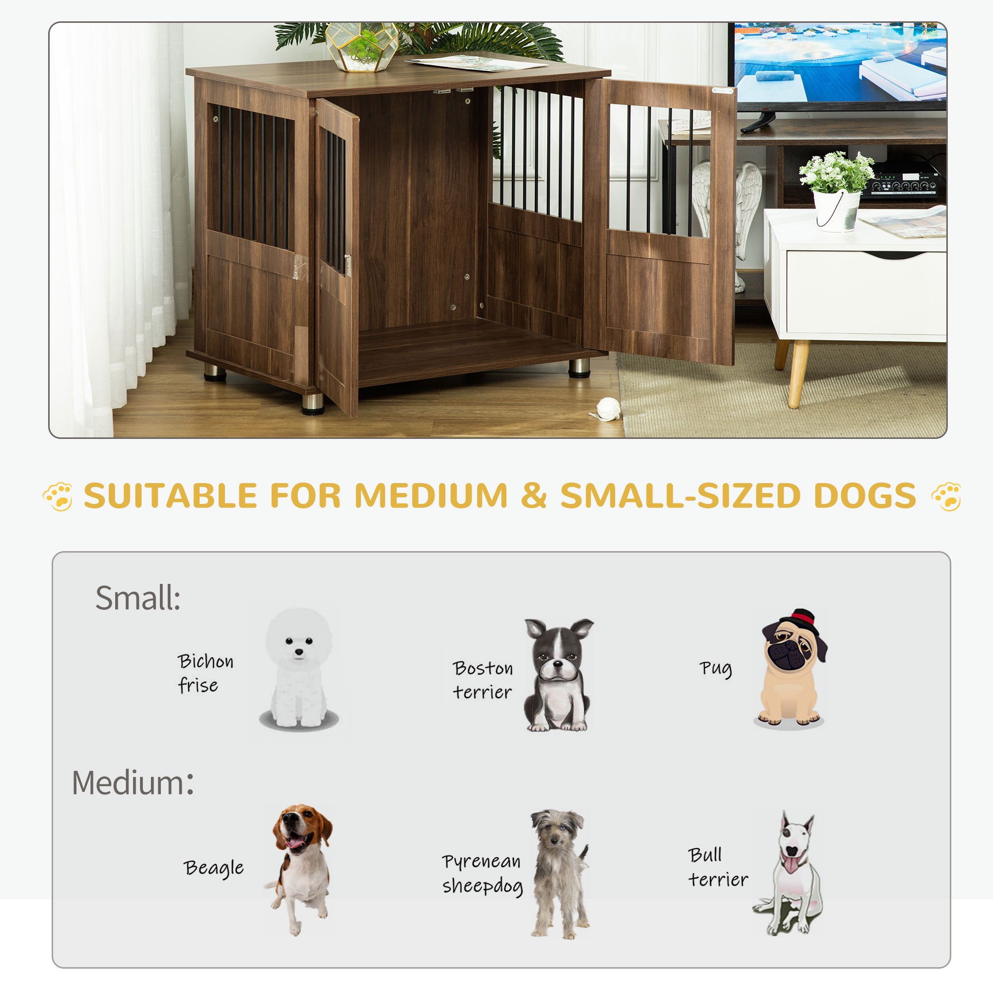 PawHut Dog Crate Furniture, Wooden End Table Furniture with Lockable Magnetic Doors, Small & Medium Size Pet Kennel Indoor Animal Cage, Brown