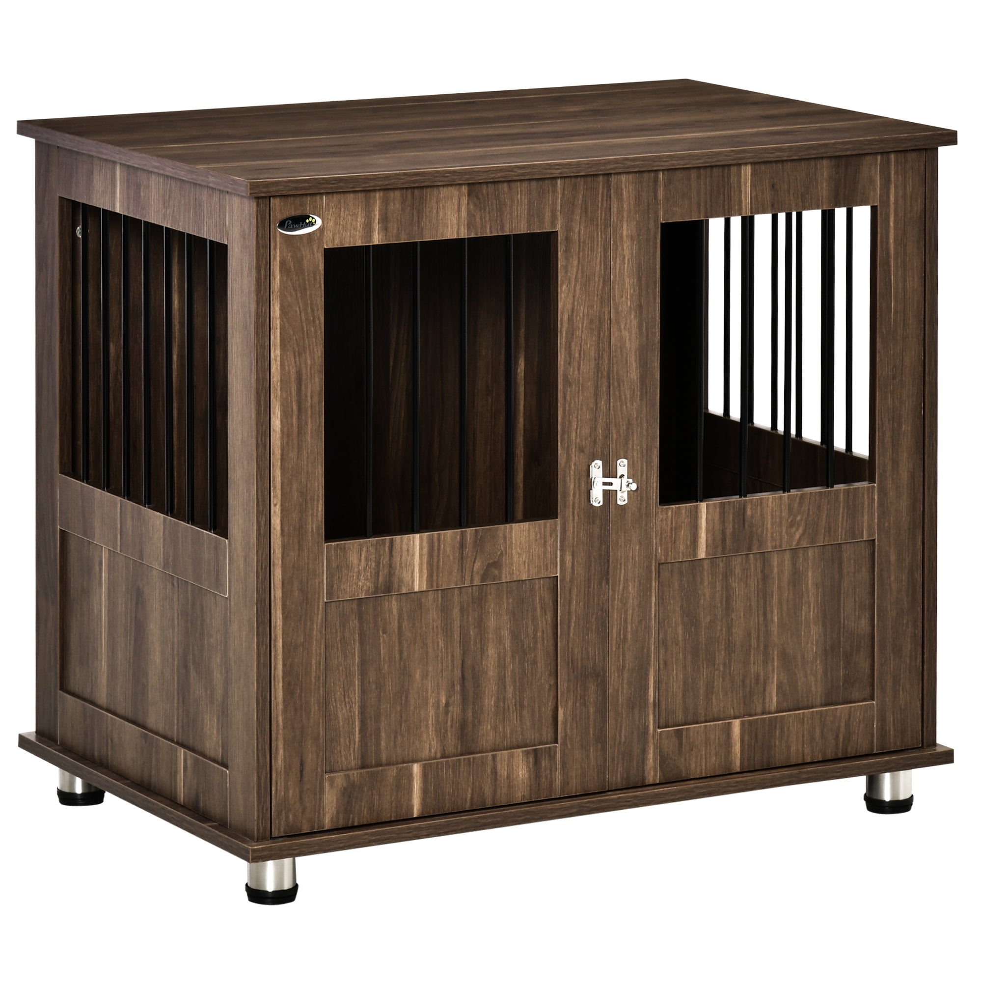 PawHut Dog Crate Furniture, Wooden End Table Furniture with Lockable Magnetic Doors, Small & Medium Size Pet Kennel Indoor Animal Cage, Brown