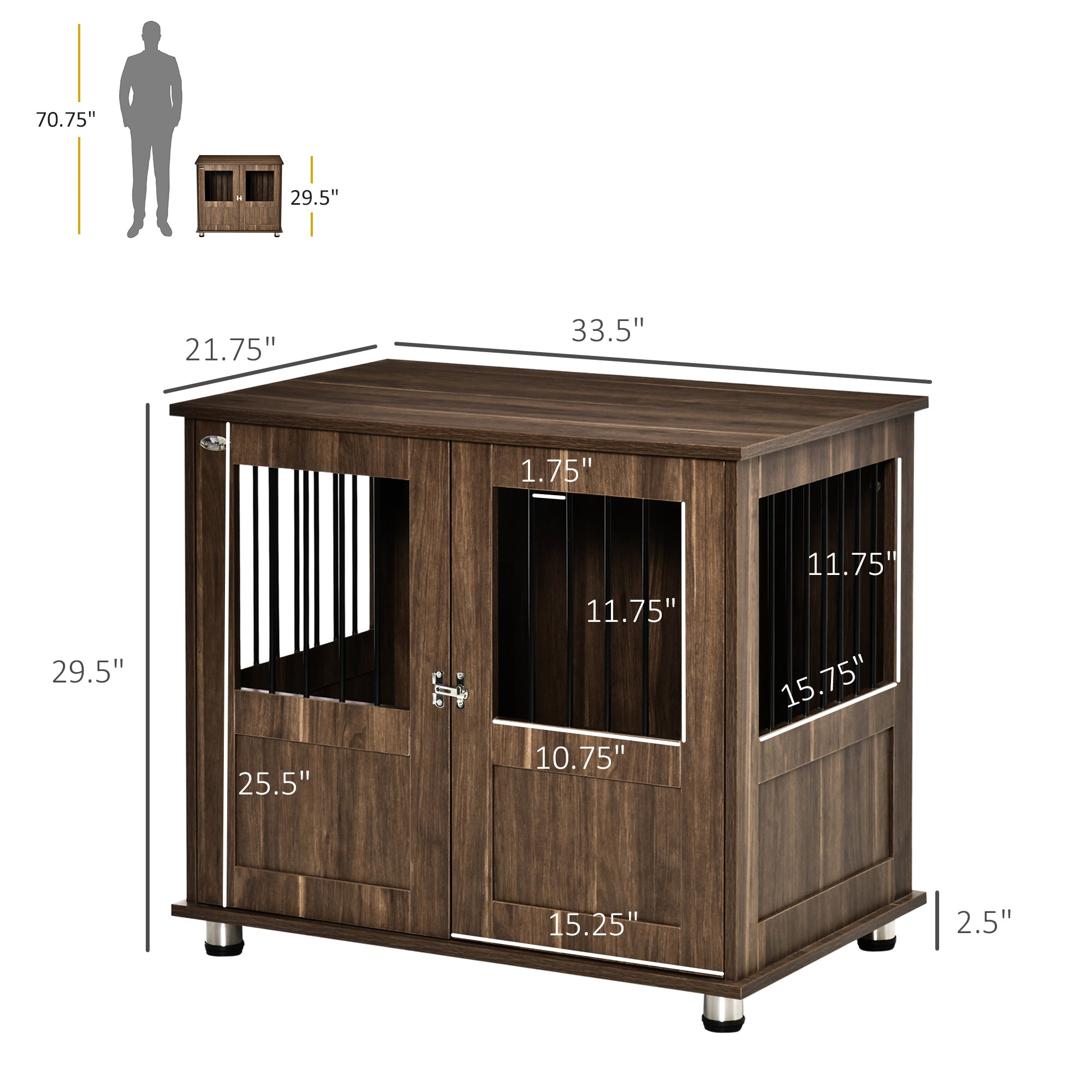 PawHut Dog Crate Furniture, Wooden End Table Furniture with Lockable Magnetic Doors, Small & Medium Size Pet Kennel Indoor Animal Cage, Brown