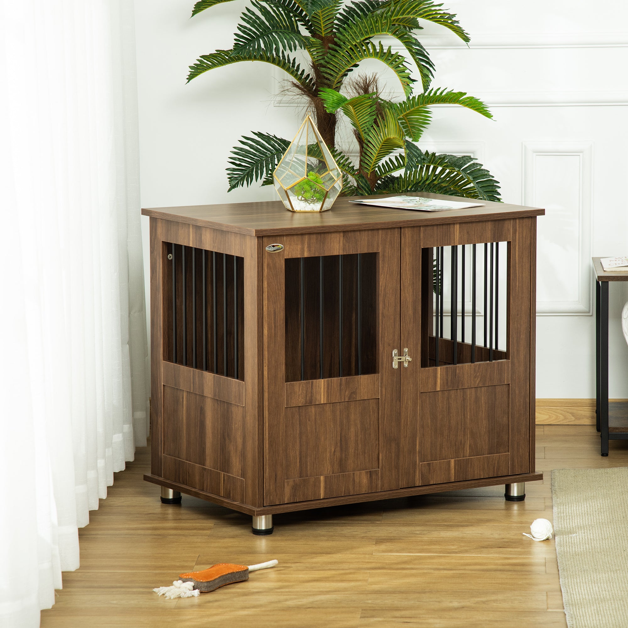 PawHut Dog Crate Furniture, Wooden End Table Furniture with Lockable Magnetic Doors, Small & Medium Size Pet Kennel Indoor Animal Cage, Brown
