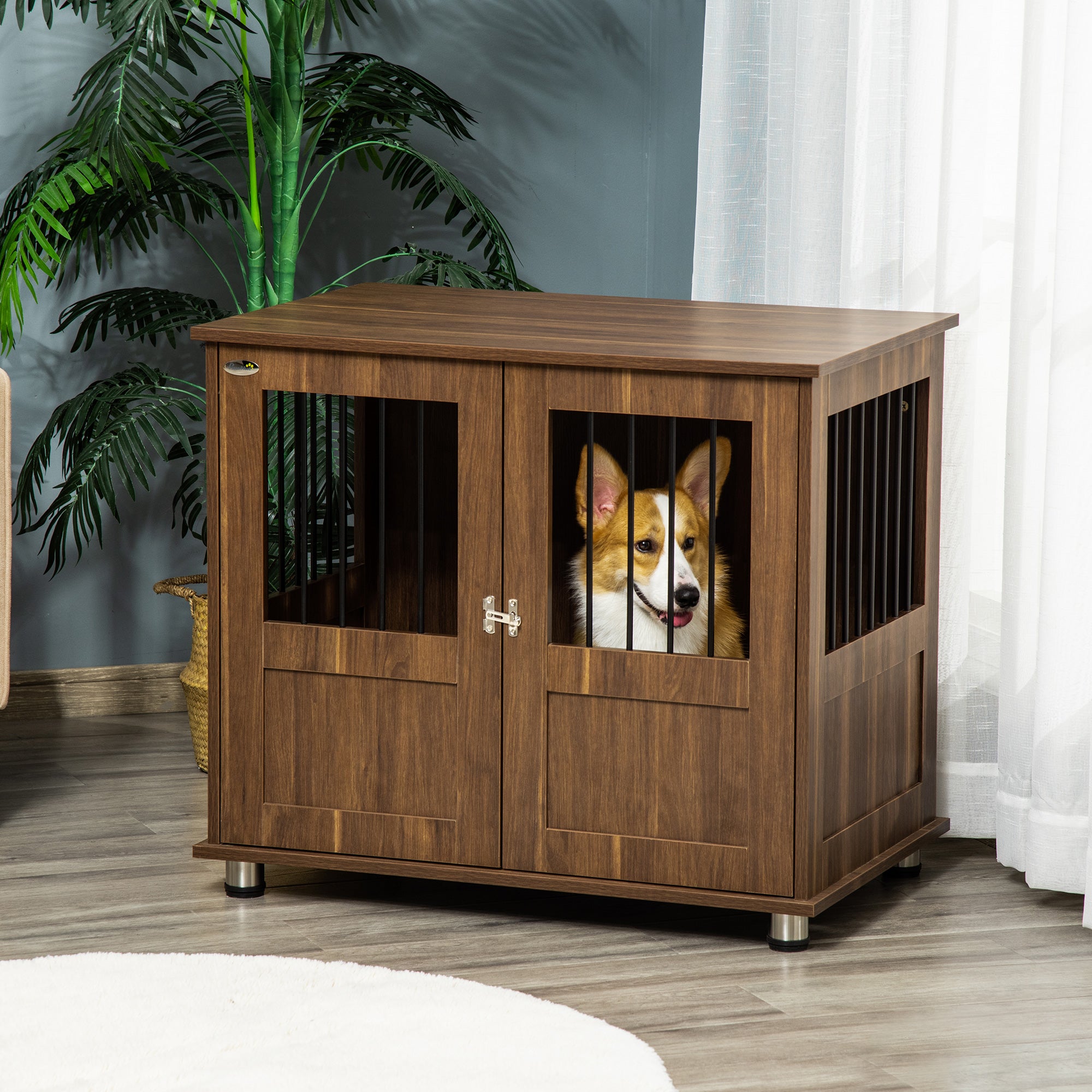 PawHut Dog Crate Furniture, Wooden End Table Furniture with Lockable Magnetic Doors, Small & Medium Size Pet Kennel Indoor Animal Cage, Brown
