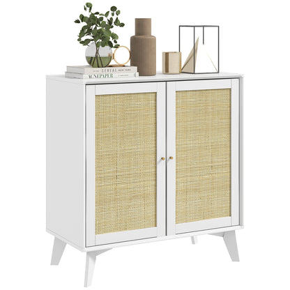 HOMCOM Boho Storage Cabinet, Kitchen Cabinet with 2 Rattan Doors and Adjustable Shelf, White