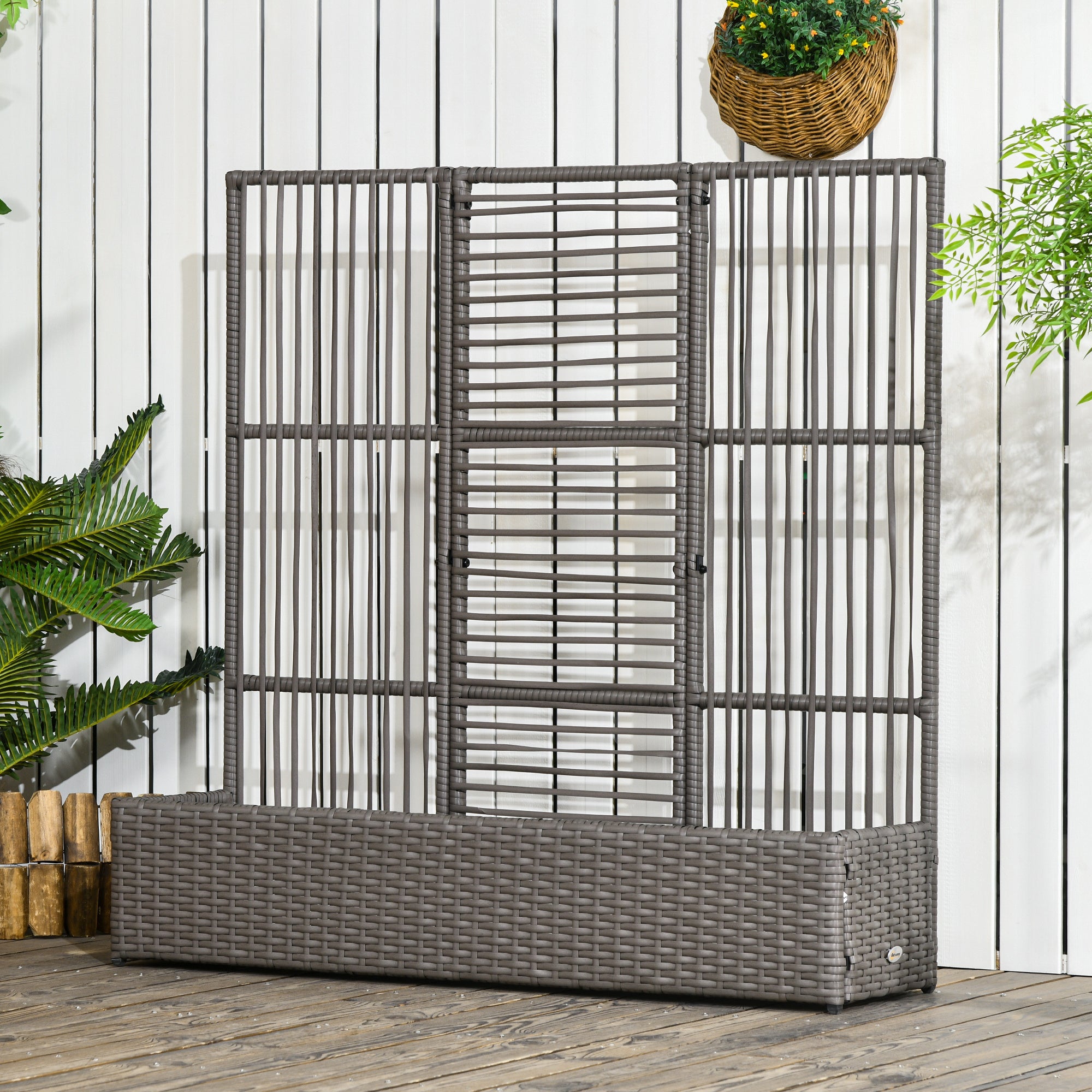 Outsunny Rattan Outdoor Planter with Lattice Trellis for Climbing Plants, Free Standing Wicker Raised Planter Box with Storage for Garden, Patio, Balcony, Porch, Grey