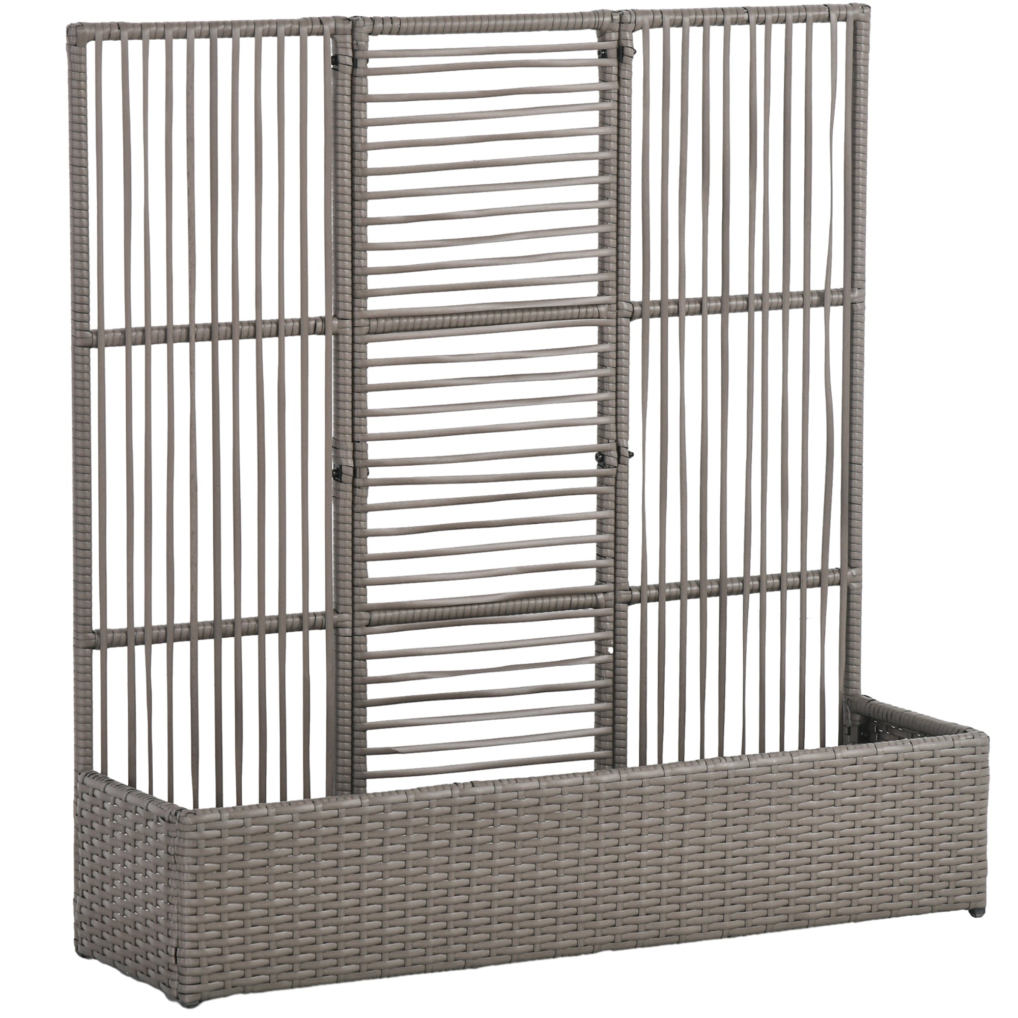 Outsunny Rattan Outdoor Planter with Lattice Trellis for Climbing Plants, Free Standing Wicker Raised Planter Box with Storage for Garden, Patio, Balcony, Porch, Grey