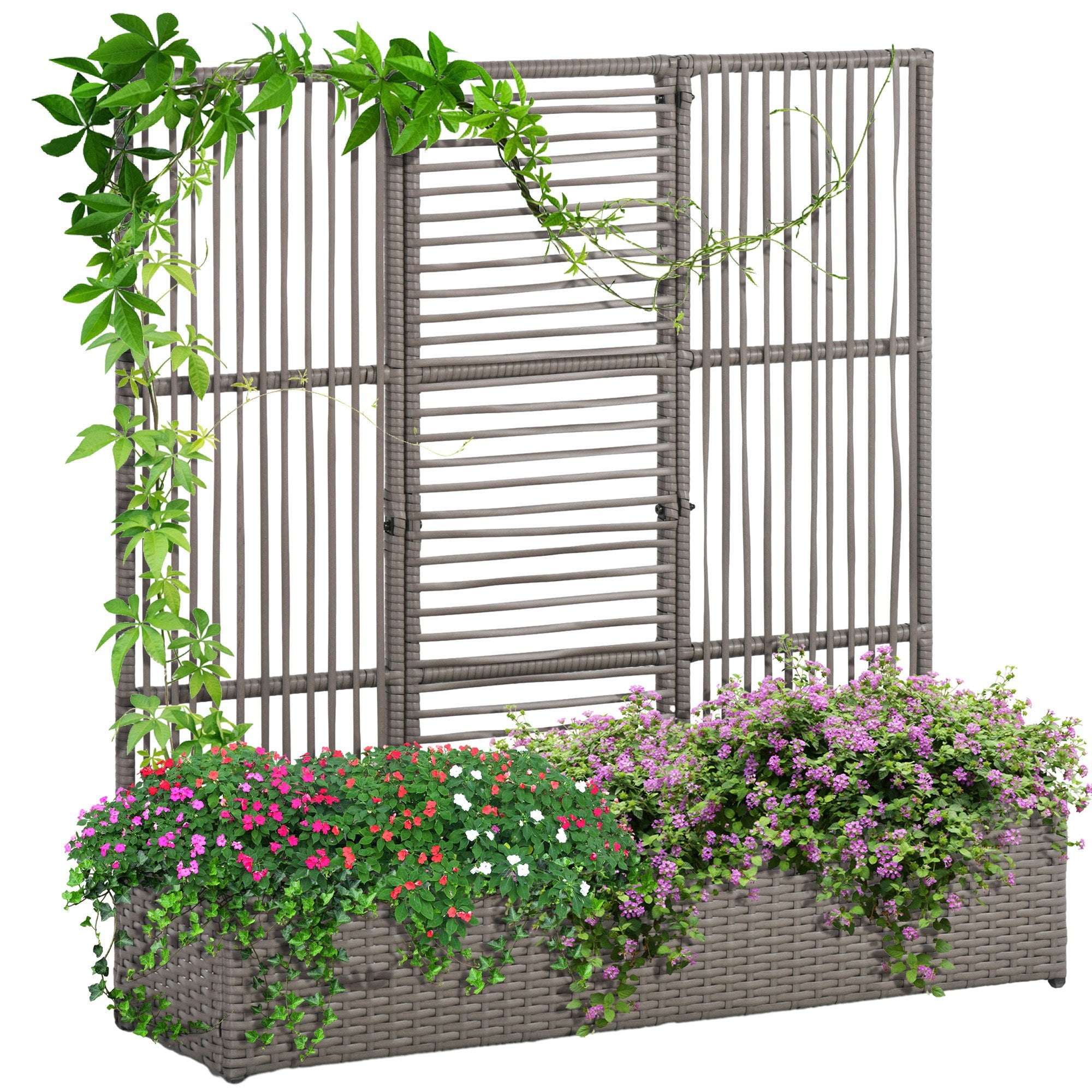 Outsunny Rattan Outdoor Planter with Lattice Trellis for Climbing Plants, Free Standing Wicker Raised Planter Box with Storage for Garden, Patio, Balcony, Porch, Grey