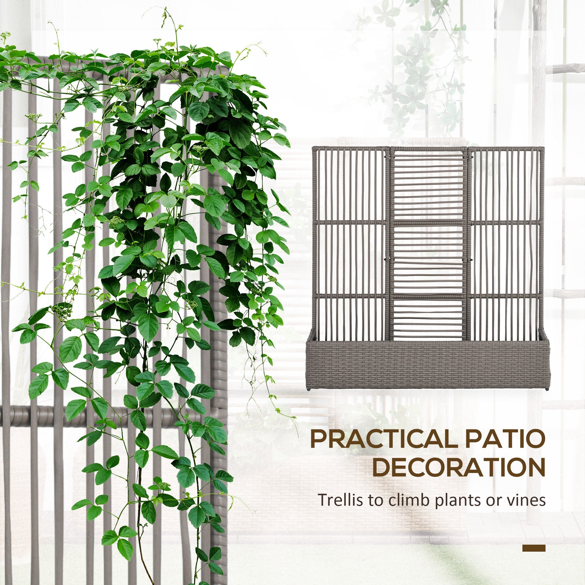 Outsunny Rattan Outdoor Planter with Lattice Trellis for Climbing Plants, Free Standing Wicker Raised Planter Box with Storage for Garden, Patio, Balcony, Porch, Grey