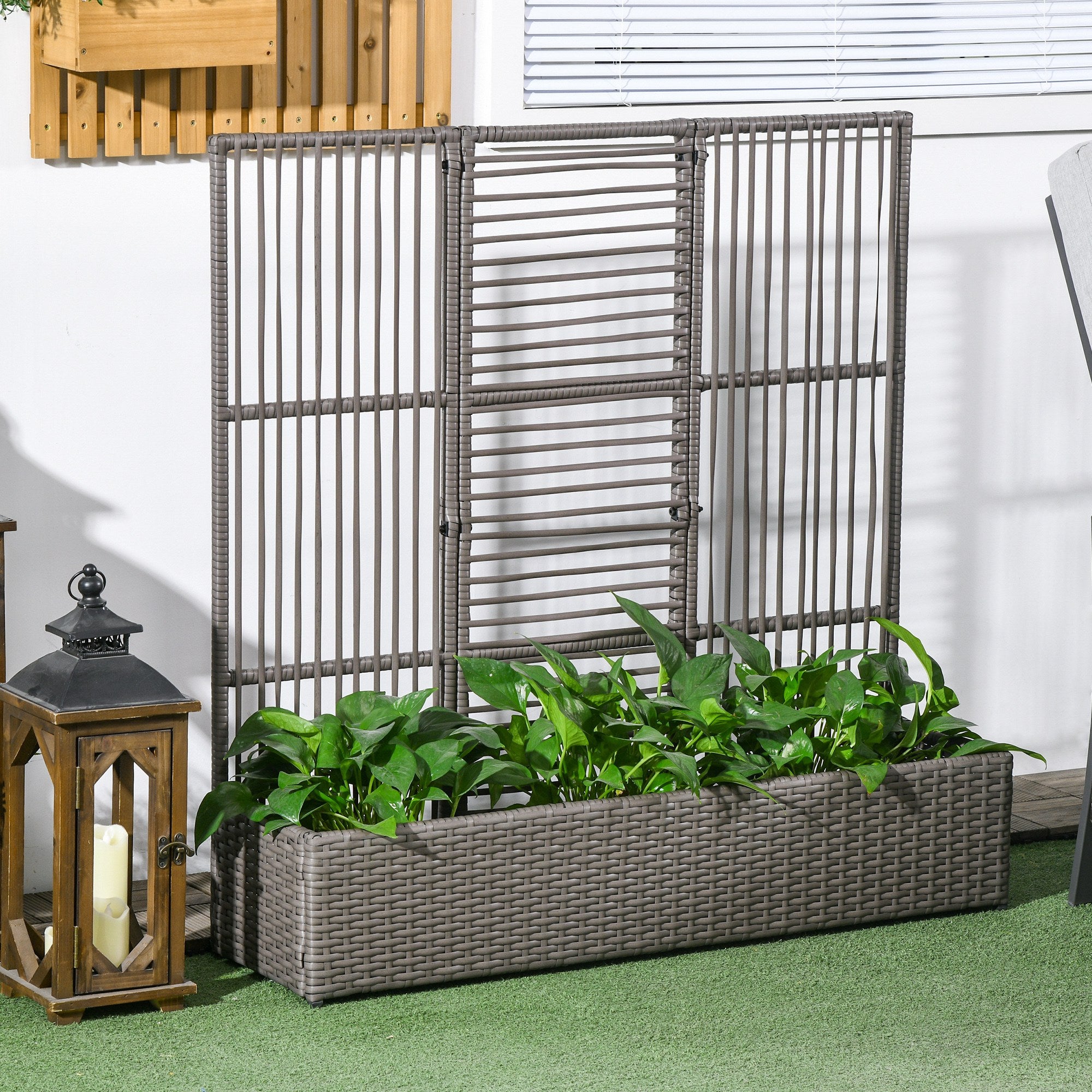 Outsunny Rattan Outdoor Planter with Lattice Trellis for Climbing Plants, Free Standing Wicker Raised Planter Box with Storage for Garden, Patio, Balcony, Porch, Grey