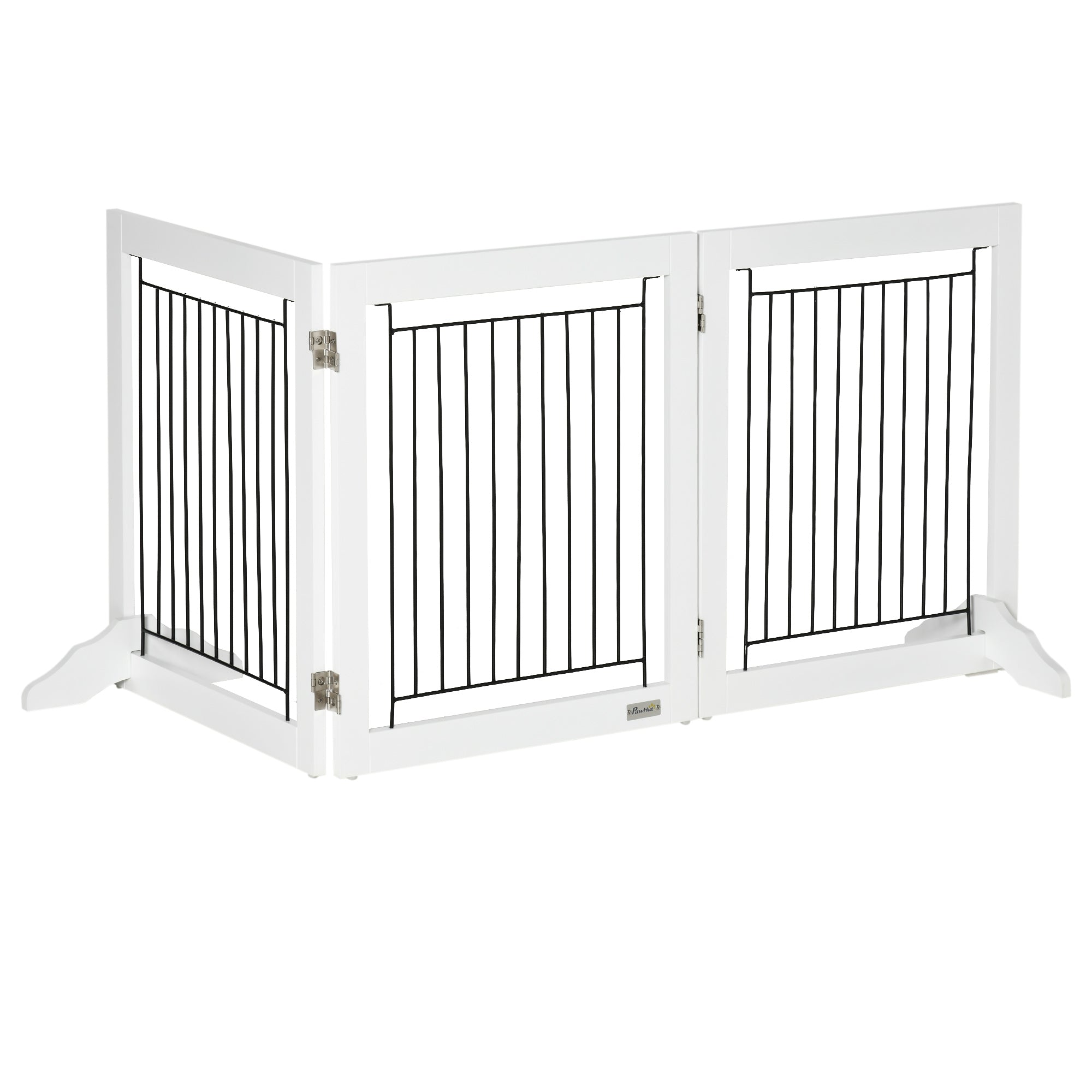 PawHut Freestanding Pet Gate Stair Gates for Dogs Foldable Wooden Dog Gate with 2 Support Feet, 61 cm Tall, for Doorways Hallways Staircases, Small Dogs - White