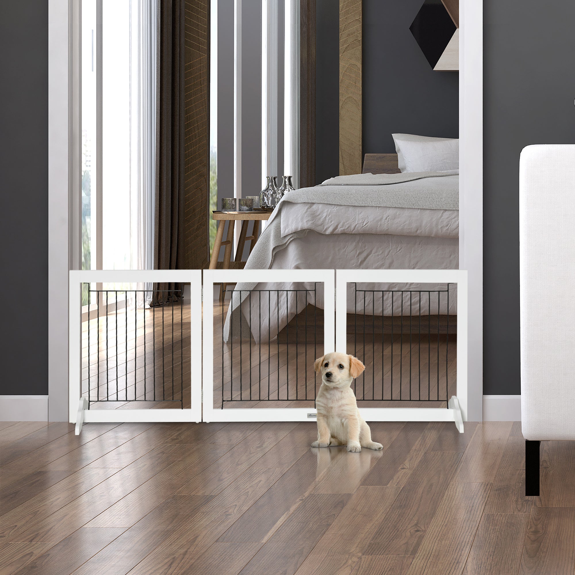 PawHut Freestanding Pet Gate Stair Gates for Dogs Foldable Wooden Dog Gate with 2 Support Feet, 61 cm Tall, for Doorways Hallways Staircases, Small Dogs - White