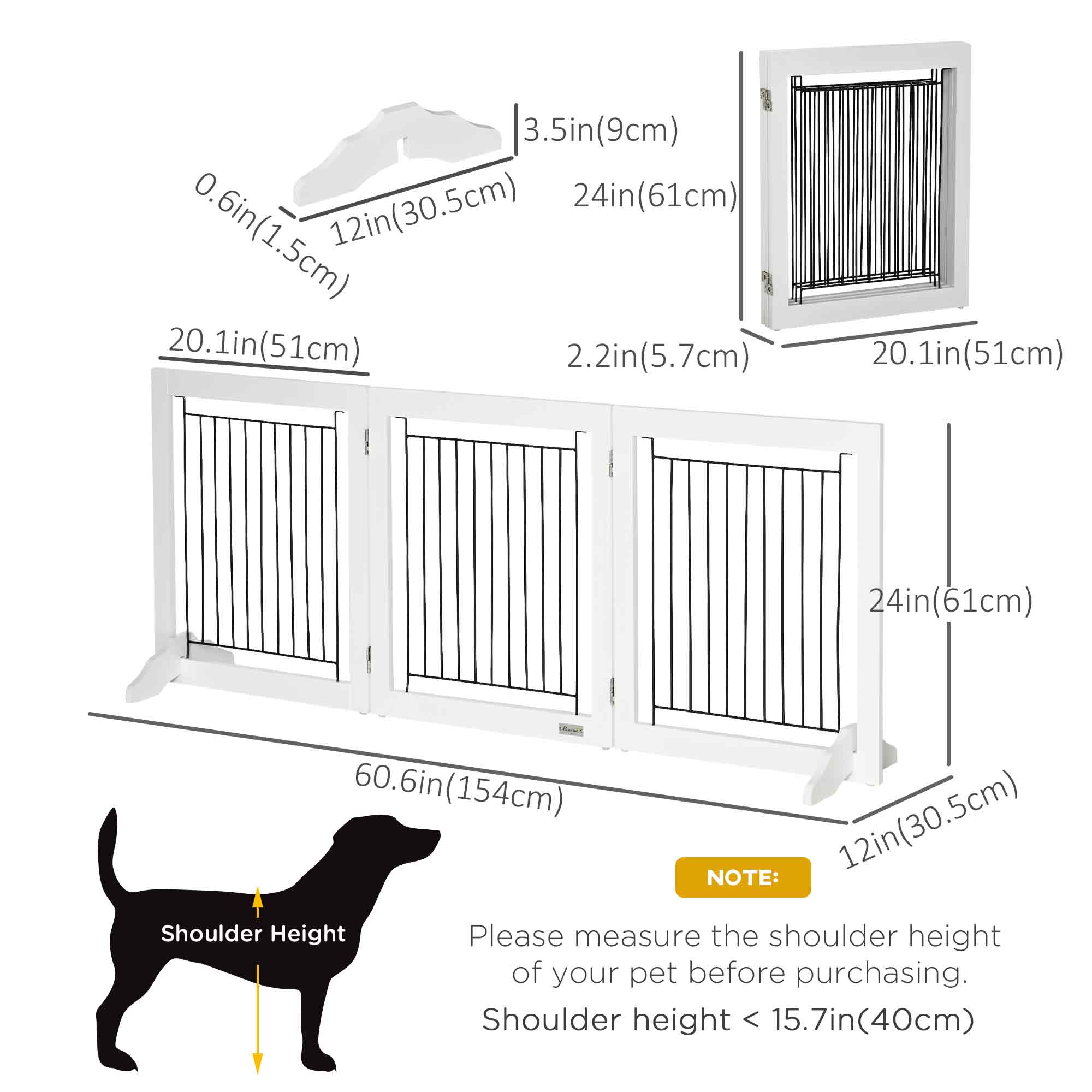 PawHut Freestanding Pet Gate, Folding Dog Gate with 2 Support Feet, 24" High, 3 Panels, for Small Dogs, Puppies, Indoor Use - White