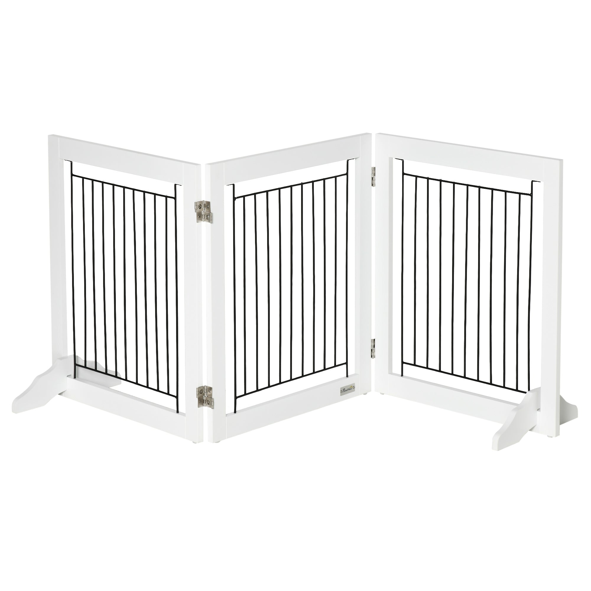 PawHut Freestanding Pet Gate Stair Gates for Dogs Foldable Wooden Dog Gate with 2 Support Feet, 61 cm Tall, for Doorways Hallways Staircases, Small Dogs - White