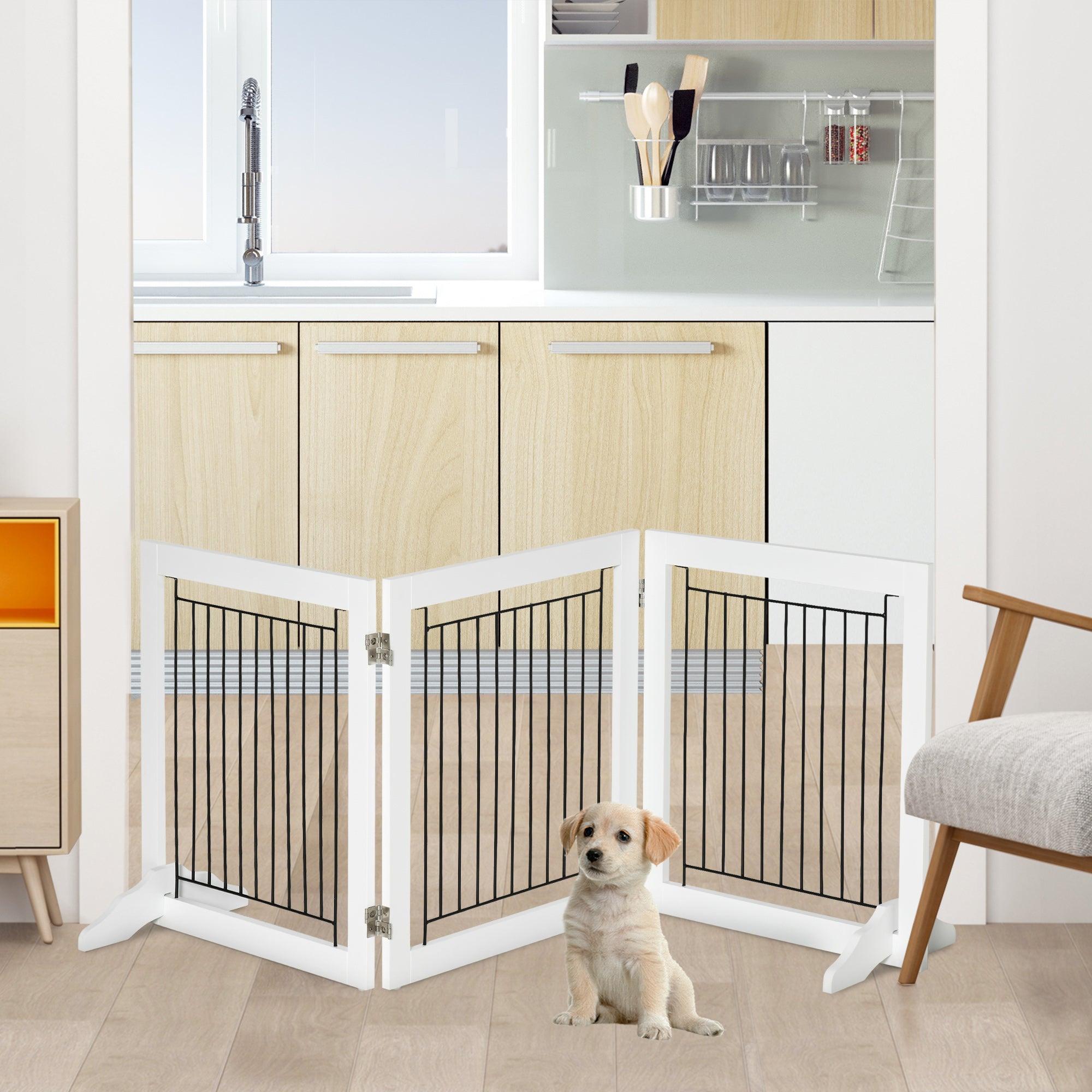 PawHut Freestanding Pet Gate, Folding Dog Gate with 2 Support Feet, 24
