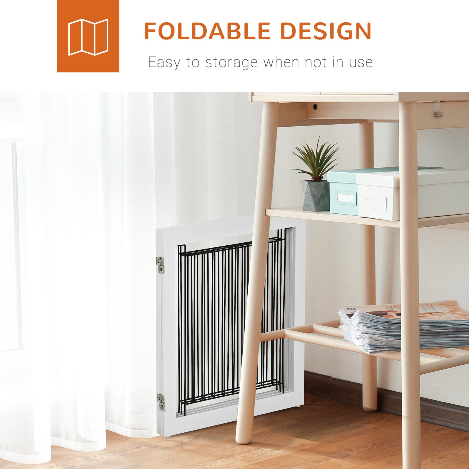 PawHut Freestanding Pet Gate Stair Gates for Dogs Foldable Wooden Dog Gate with 2 Support Feet, 61 cm Tall, for Doorways Hallways Staircases, Small Dogs - White