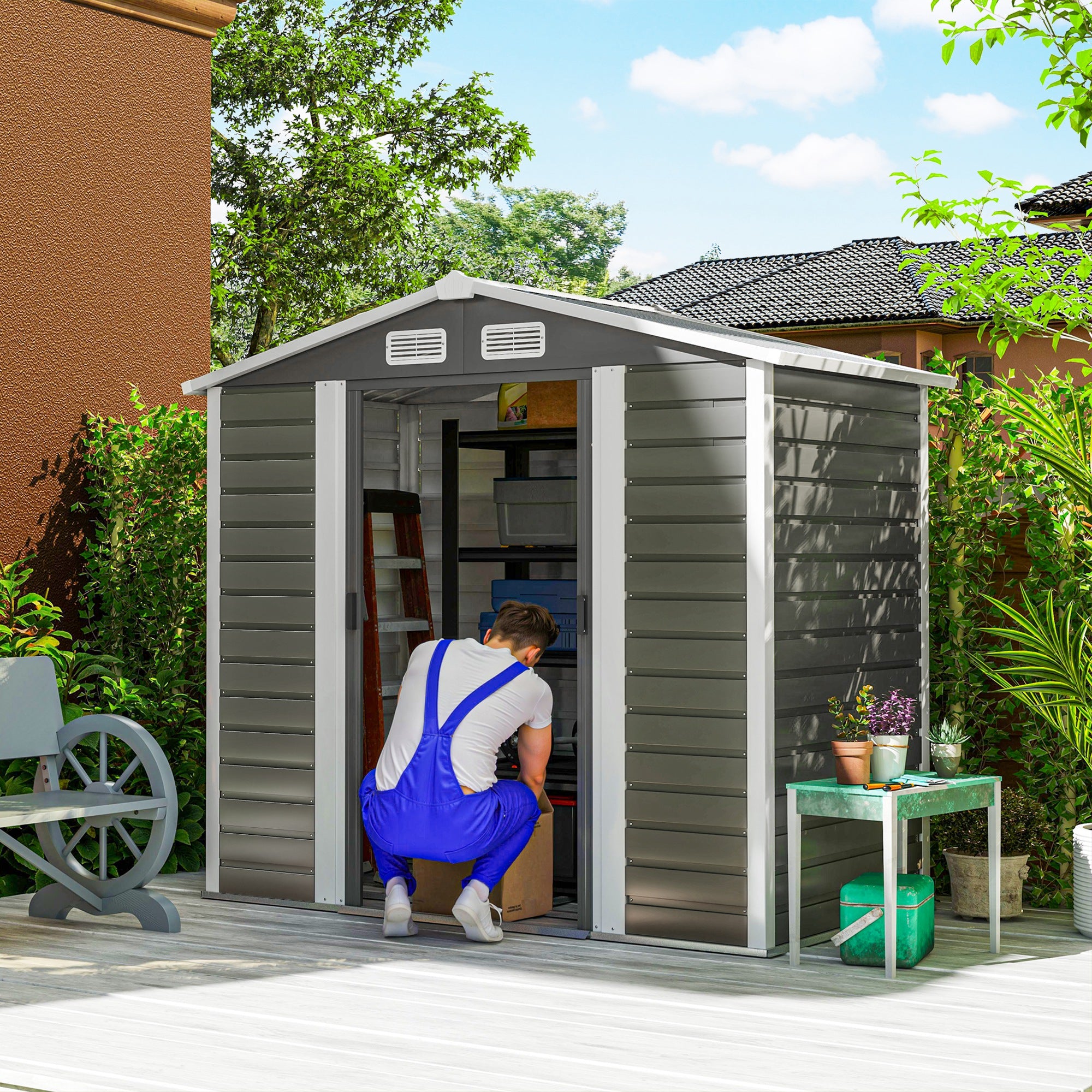 Outsunny 7' x 4' Outdoor Storage Shed, Easy to Assemble, Upgraded Galvanised Steel Frame with Foundation Kit, Double Doors with Lock, Metal Garden Shed with Vents Gloves, Dark Grey