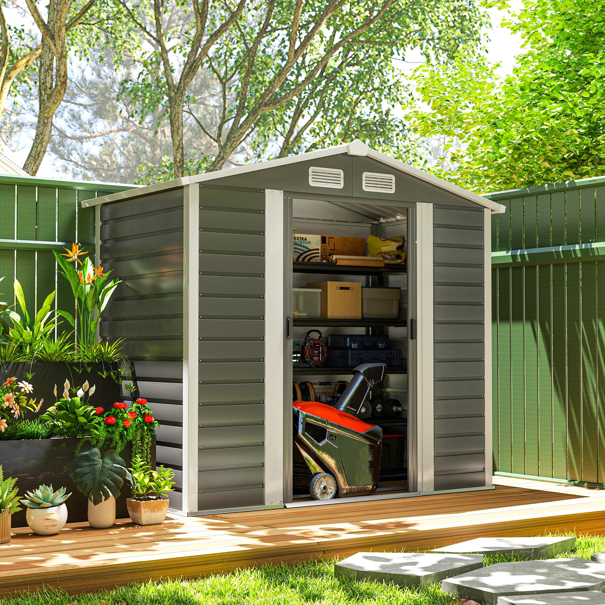 Outsunny 7' x 4' Outdoor Storage Shed, Easy to Assemble, Upgraded Galvanised Steel Frame with Foundation Kit, Double Doors with Lock, Metal Garden Shed with Vents Gloves, Dark Grey