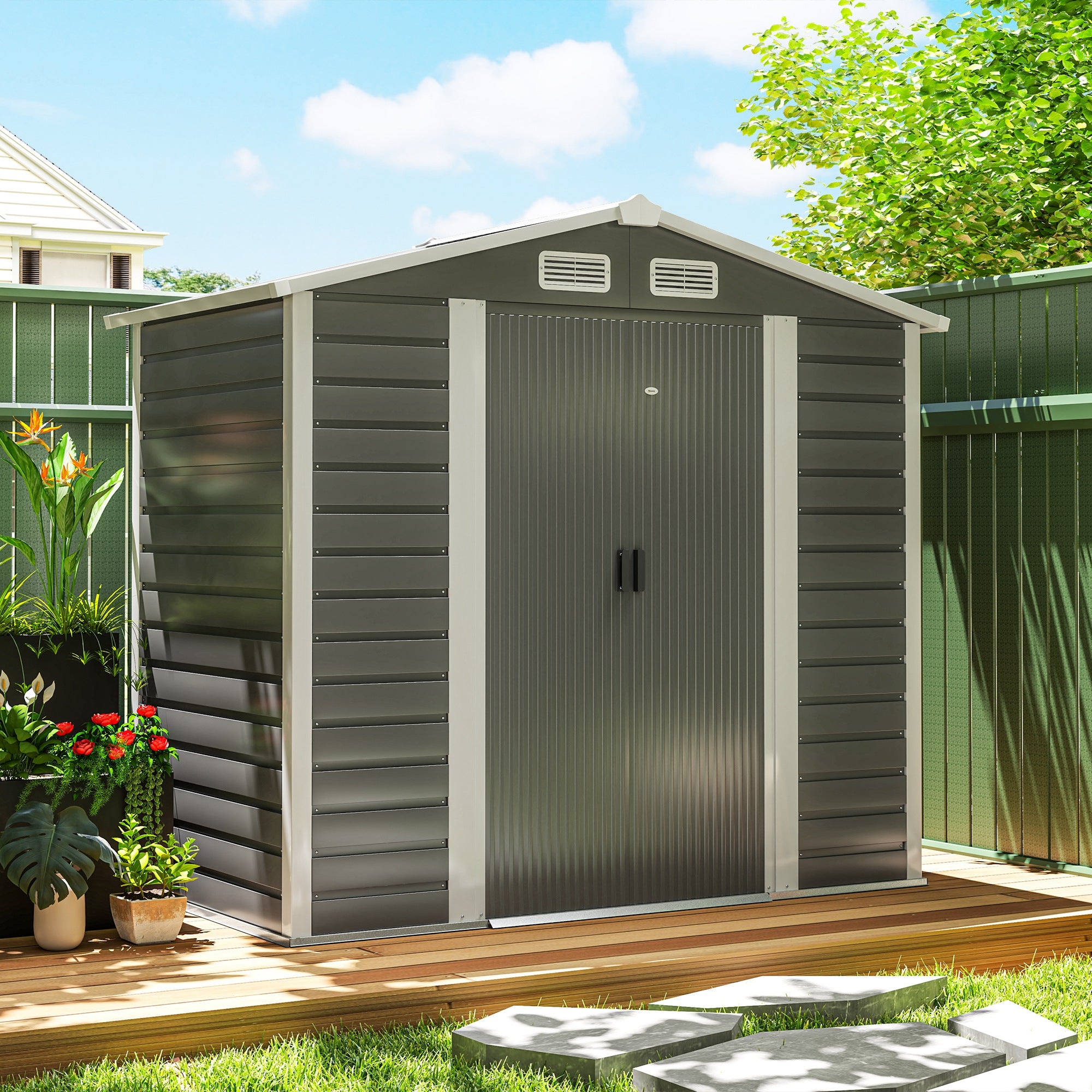 Outsunny 7' x 4' Outdoor Storage Shed, Easy to Assemble, Upgraded Galvanised Steel Frame with Foundation Kit, Double Doors with Lock, Metal Garden Shed with Vents Gloves, Dark Grey